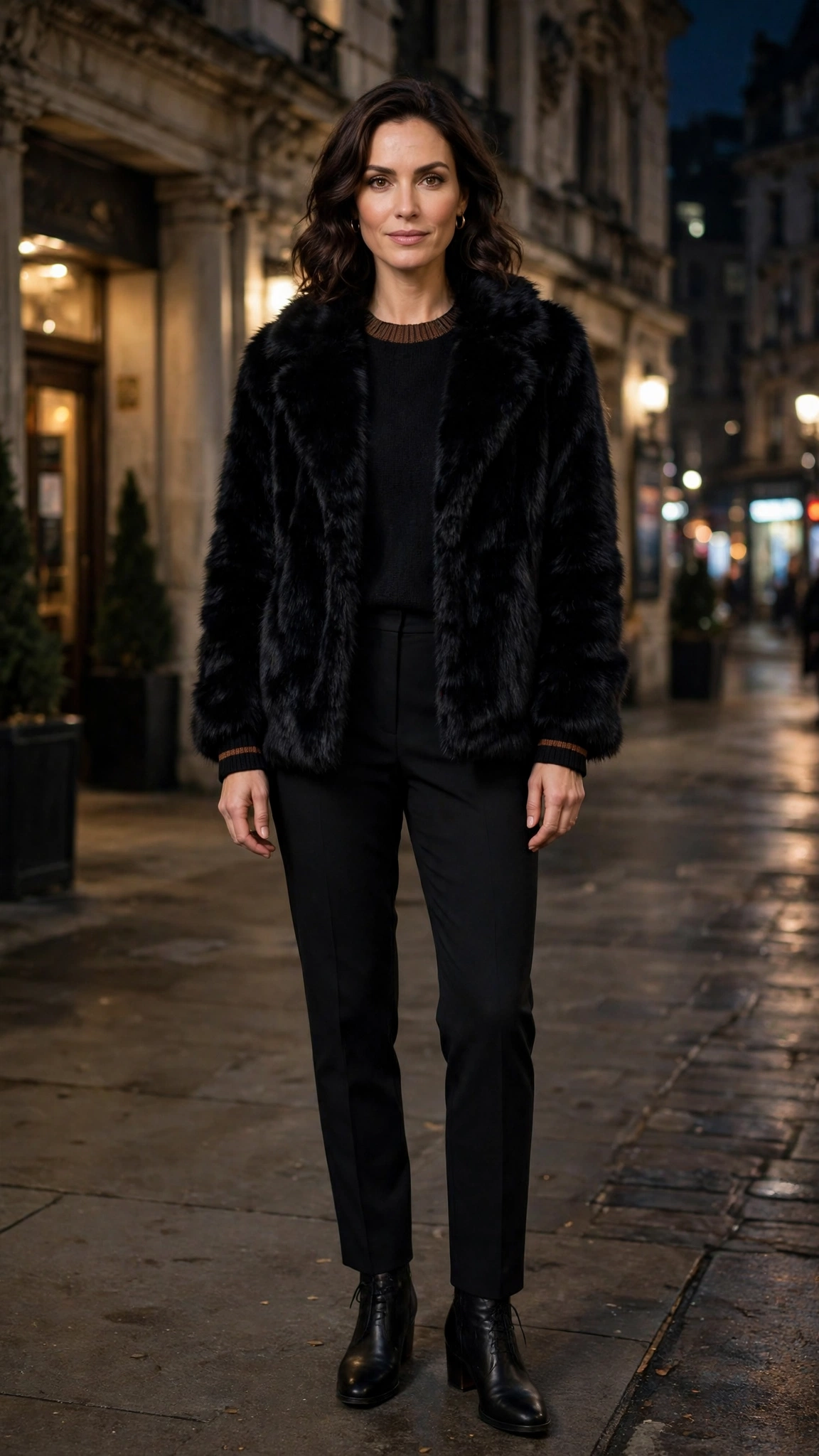 Brown Accent Black Faux Fur Coat with black trousers