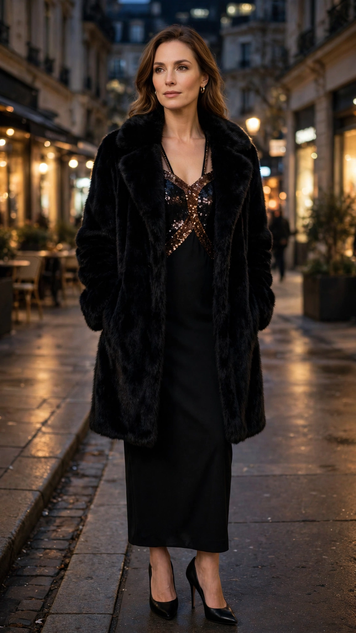 Brown Accent Black Faux Fur Coat with a black dress