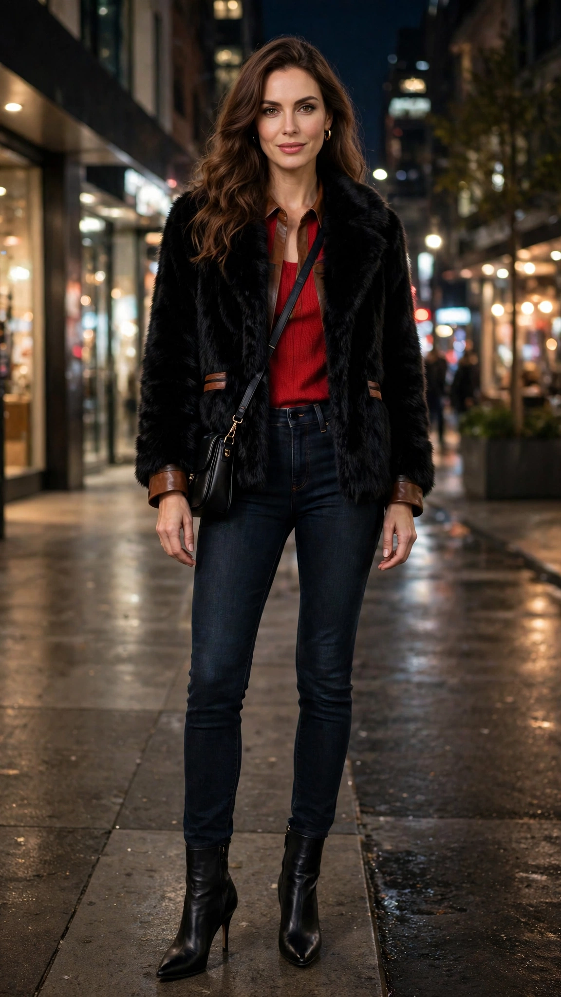 Brown Accent Black Faux Fur Coat with dark jeans