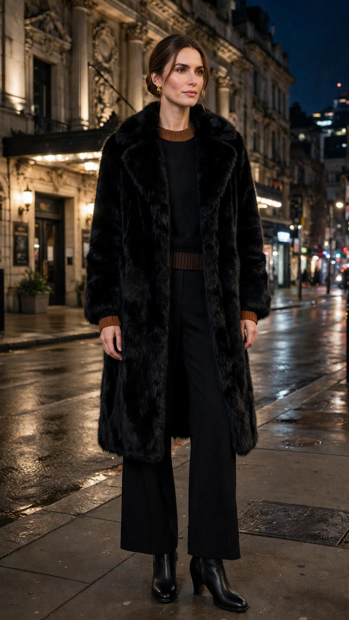 Brown Accent Black Faux Fur Coat with black wide-leg trousers