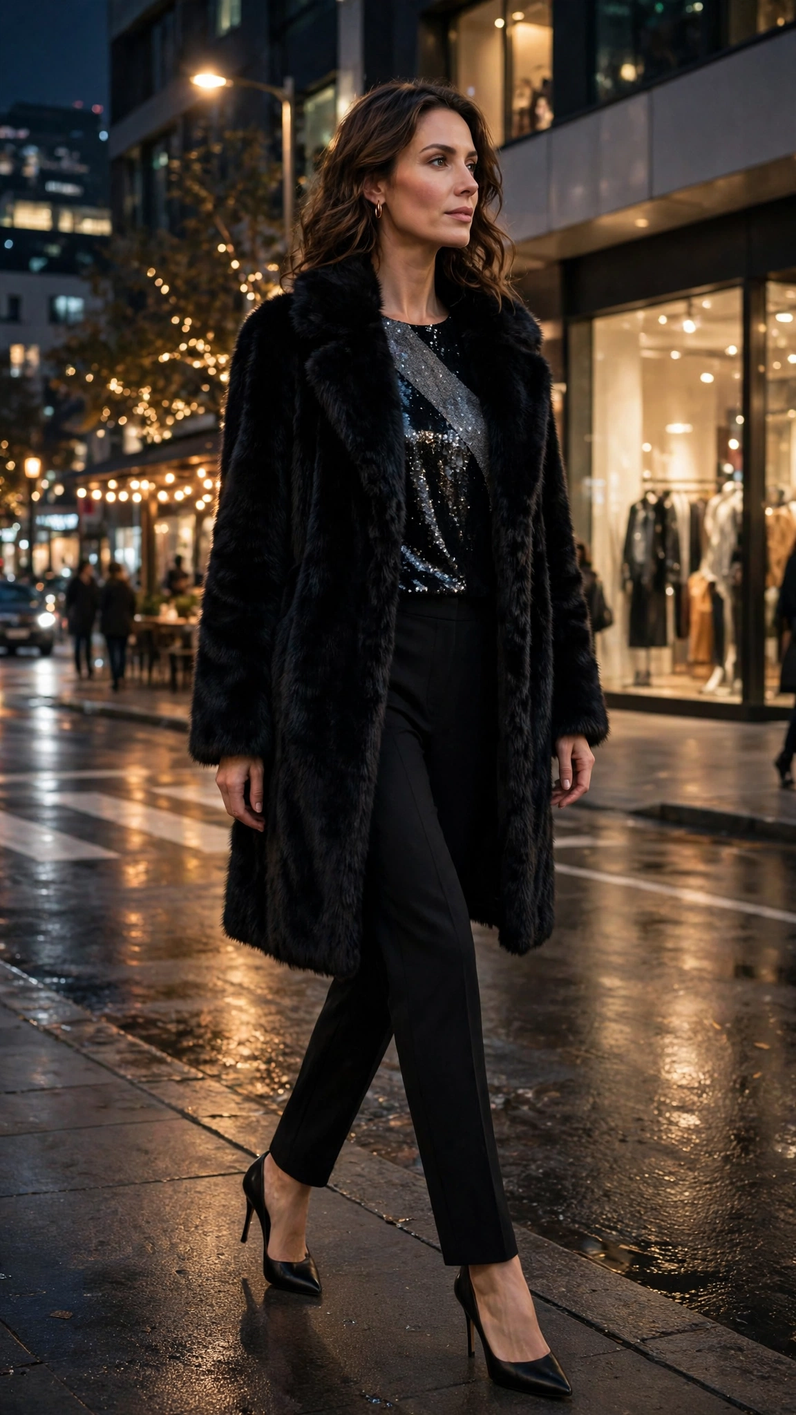 Grey Accent Black Faux Fur Coat with black trousers