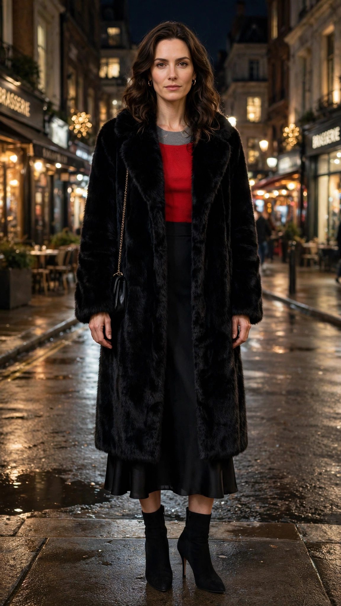 Grey Accent Black Faux Fur Coat with a black dress