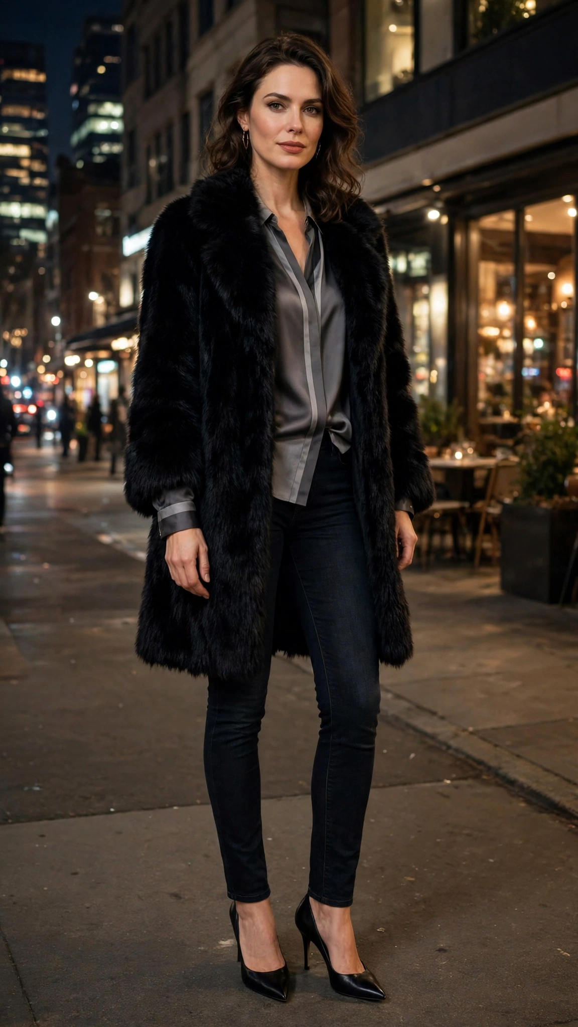 Grey Accent Black Faux Fur Coat with dark jeans