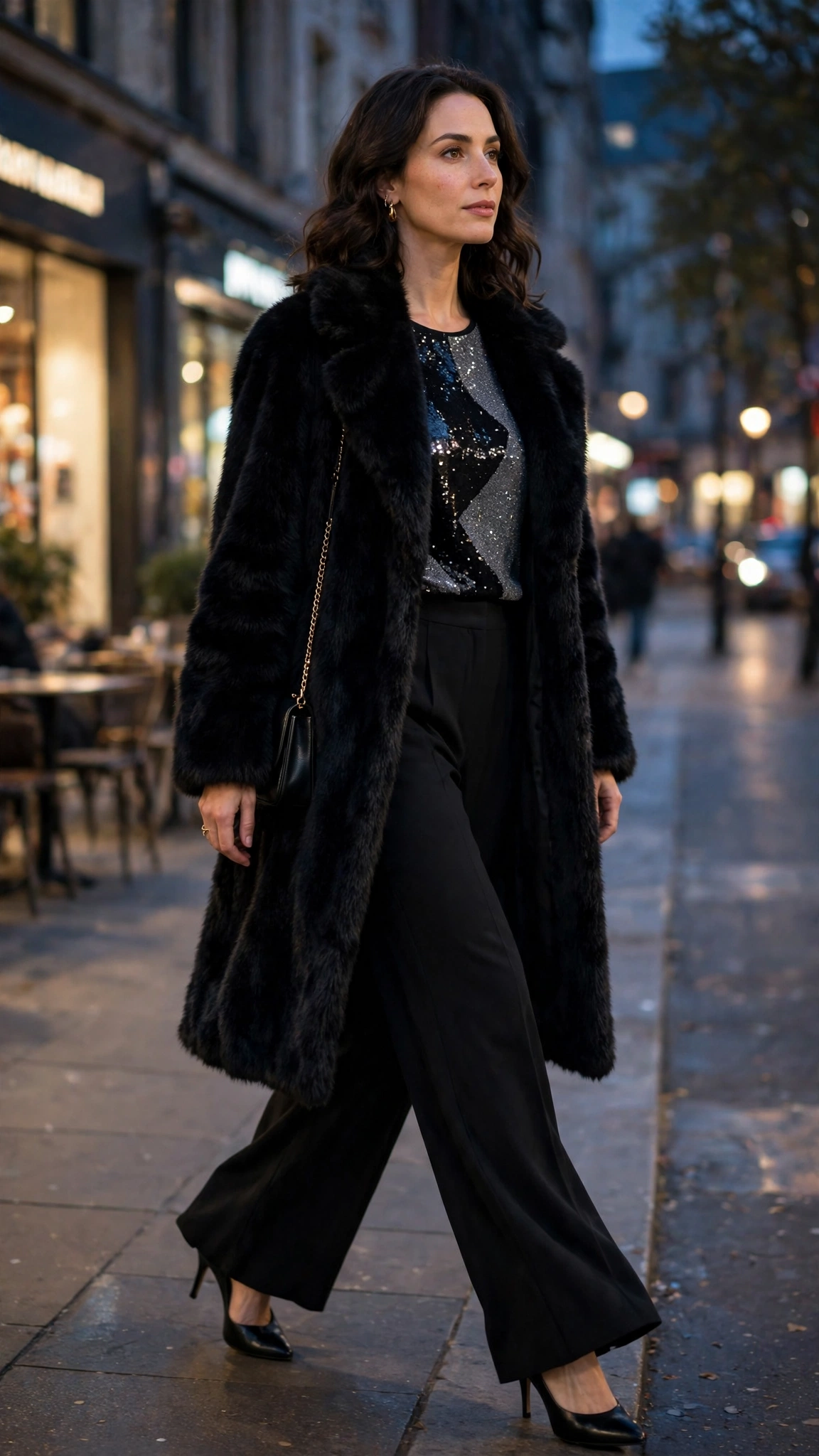 Grey Accent Black Faux Fur Coat with black wide-leg trousers