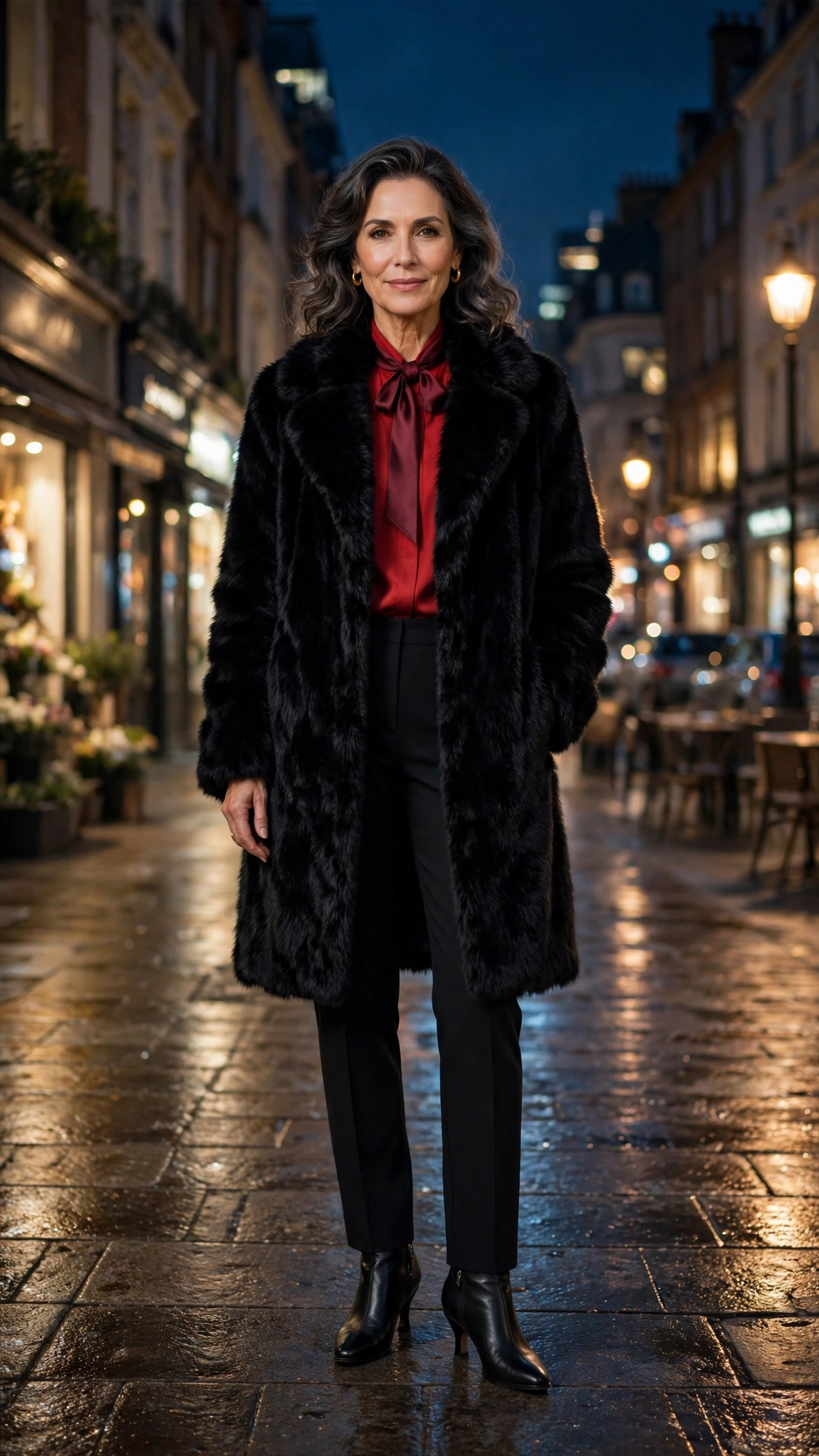 Burgundy Accent Black Faux Fur Coat with black trousers