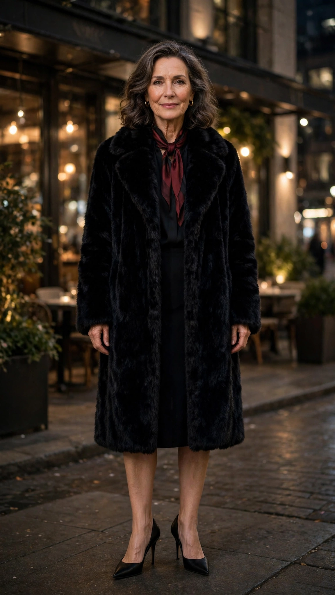 Burgundy Accent Black Faux Fur Coat with a black dress