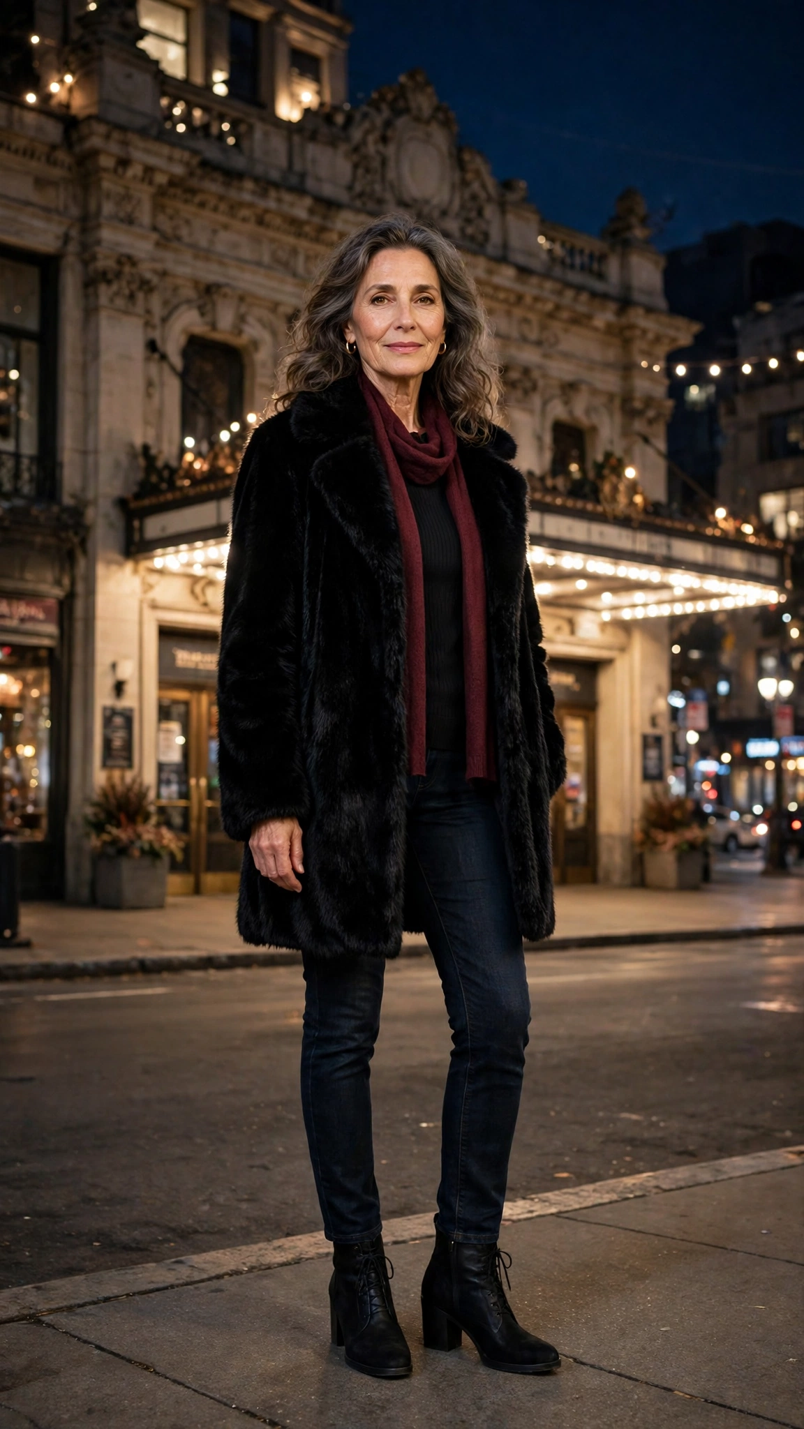 Burgundy Accent Black Faux Fur Coat with dark jeans