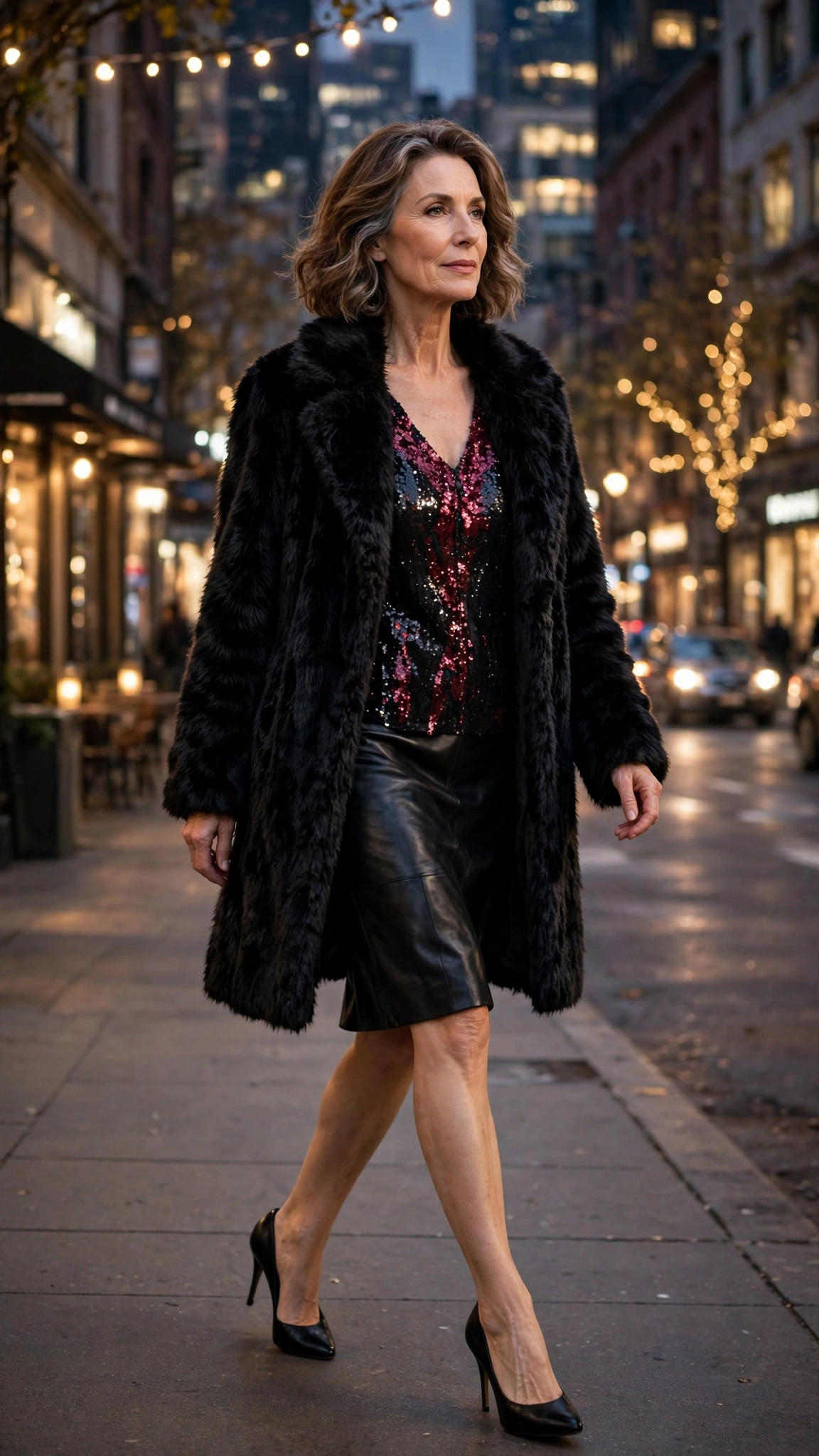 Burgundy Accent Black Faux Fur Coat with a leather skirt