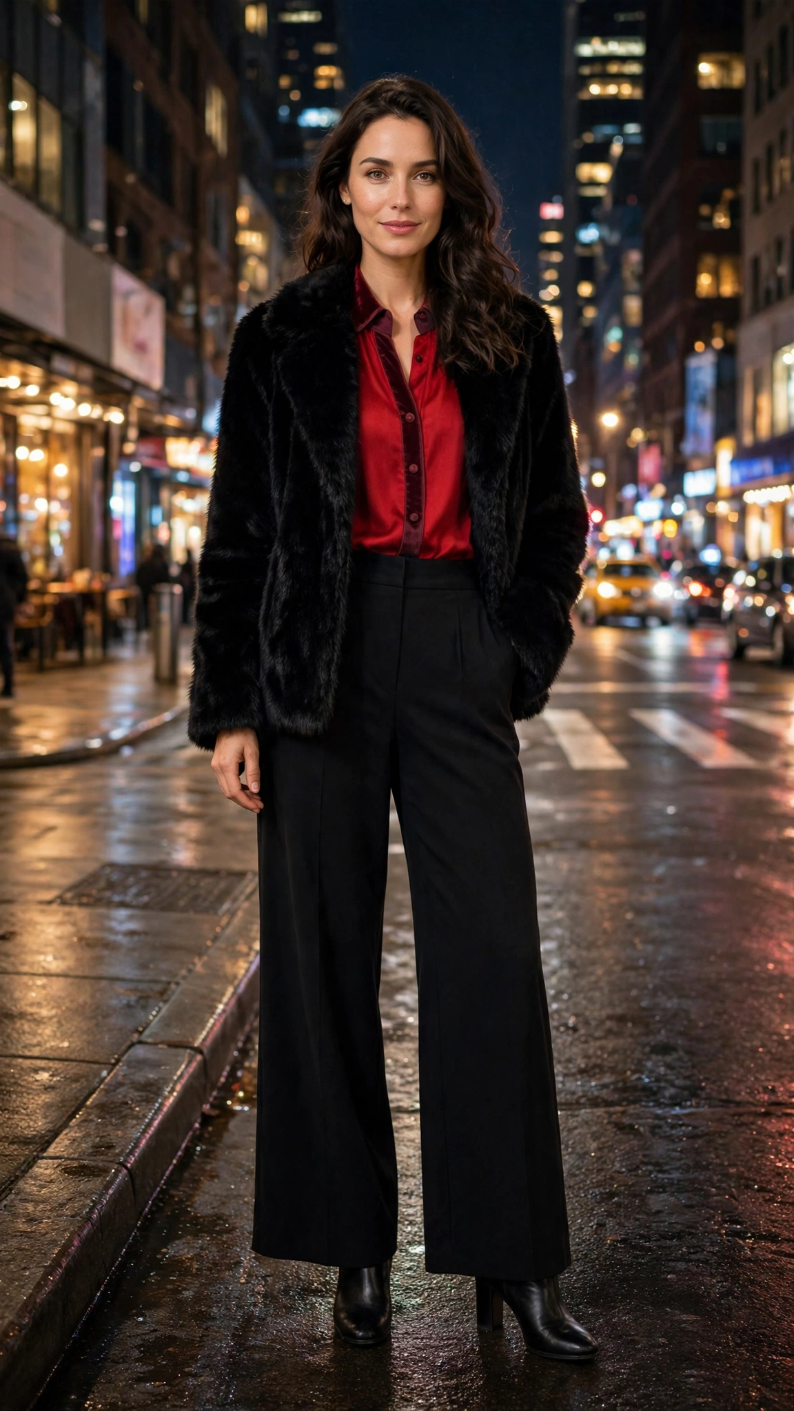 Burgundy Accent Black Faux Fur Coat with black wide-leg trousers