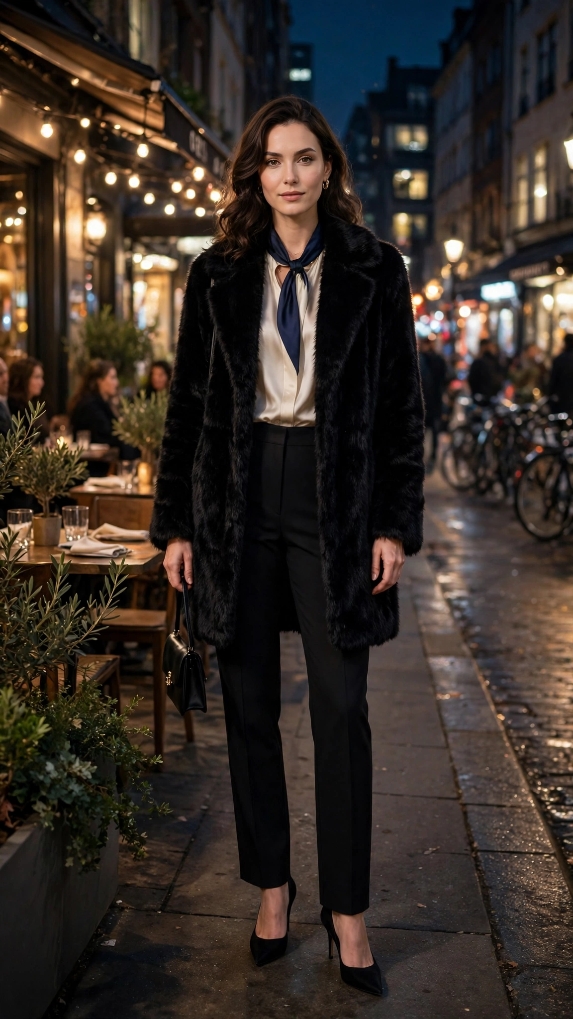 Navy Accent Black Faux Fur Coat with black trousers