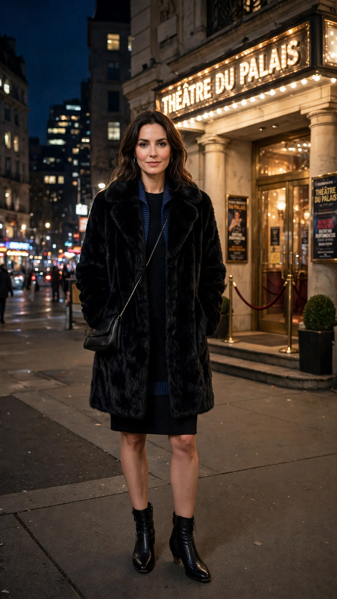 Navy Accent Black Faux Fur Coat with a black dress