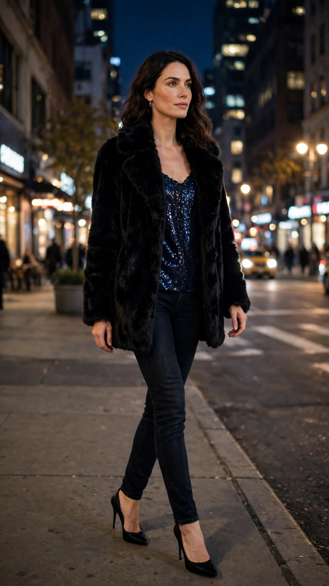 Navy Accent Black Faux Fur Coat with dark jeans