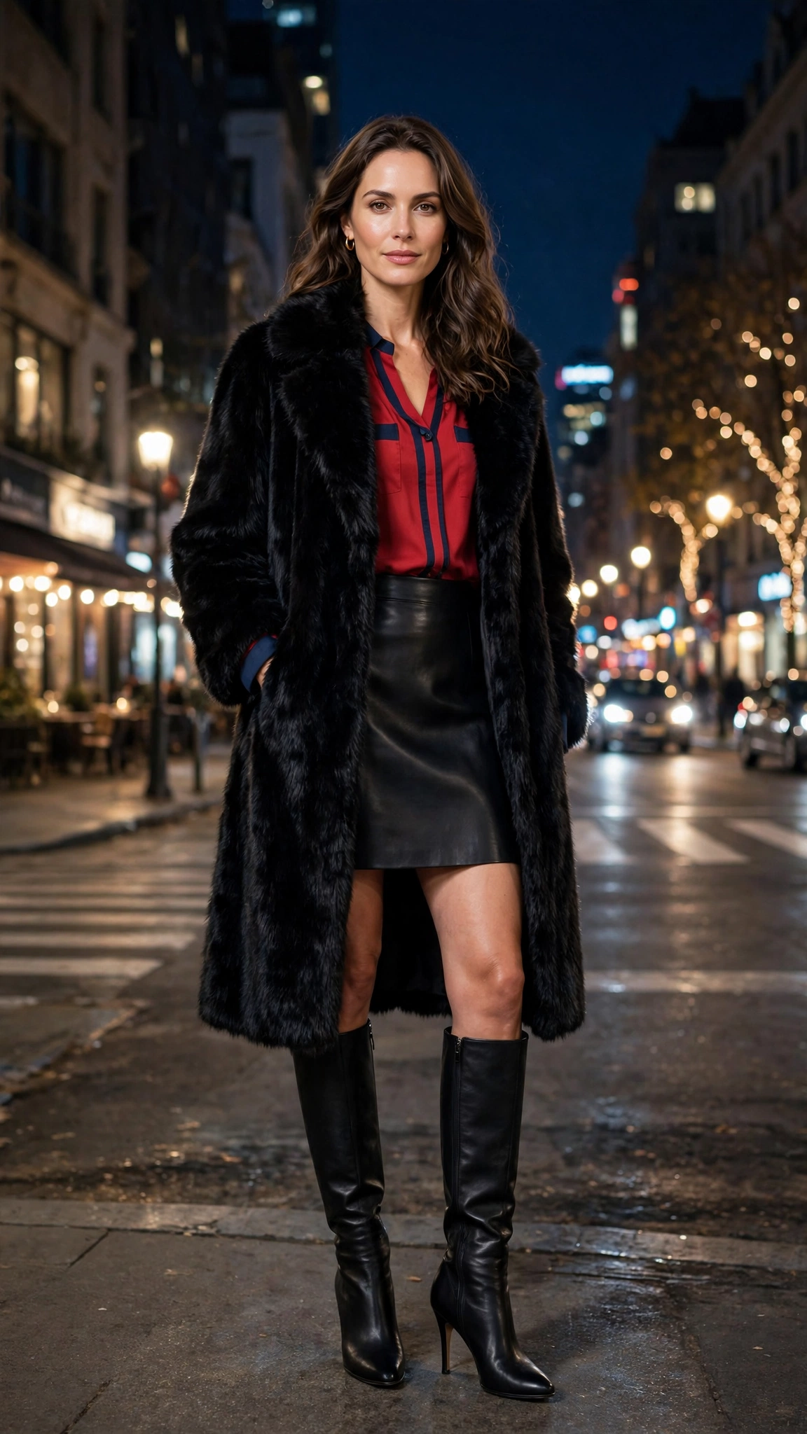 Navy Accent Black Faux Fur Coat with a leather skirt