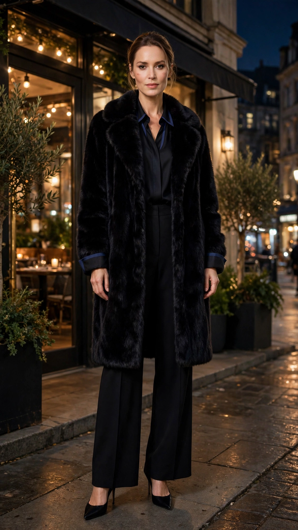 Navy Accent Black Faux Fur Coat with black wide-leg trousers