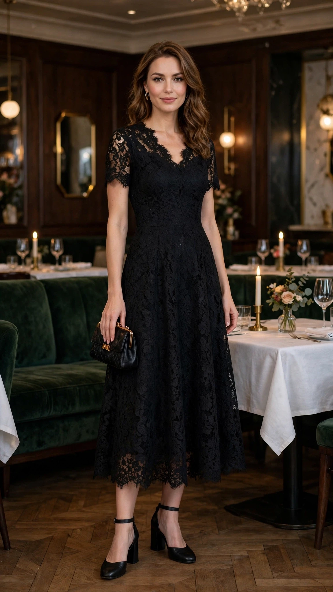 Jet black lace A-line dress with comfortable block heels and a small structured clutch