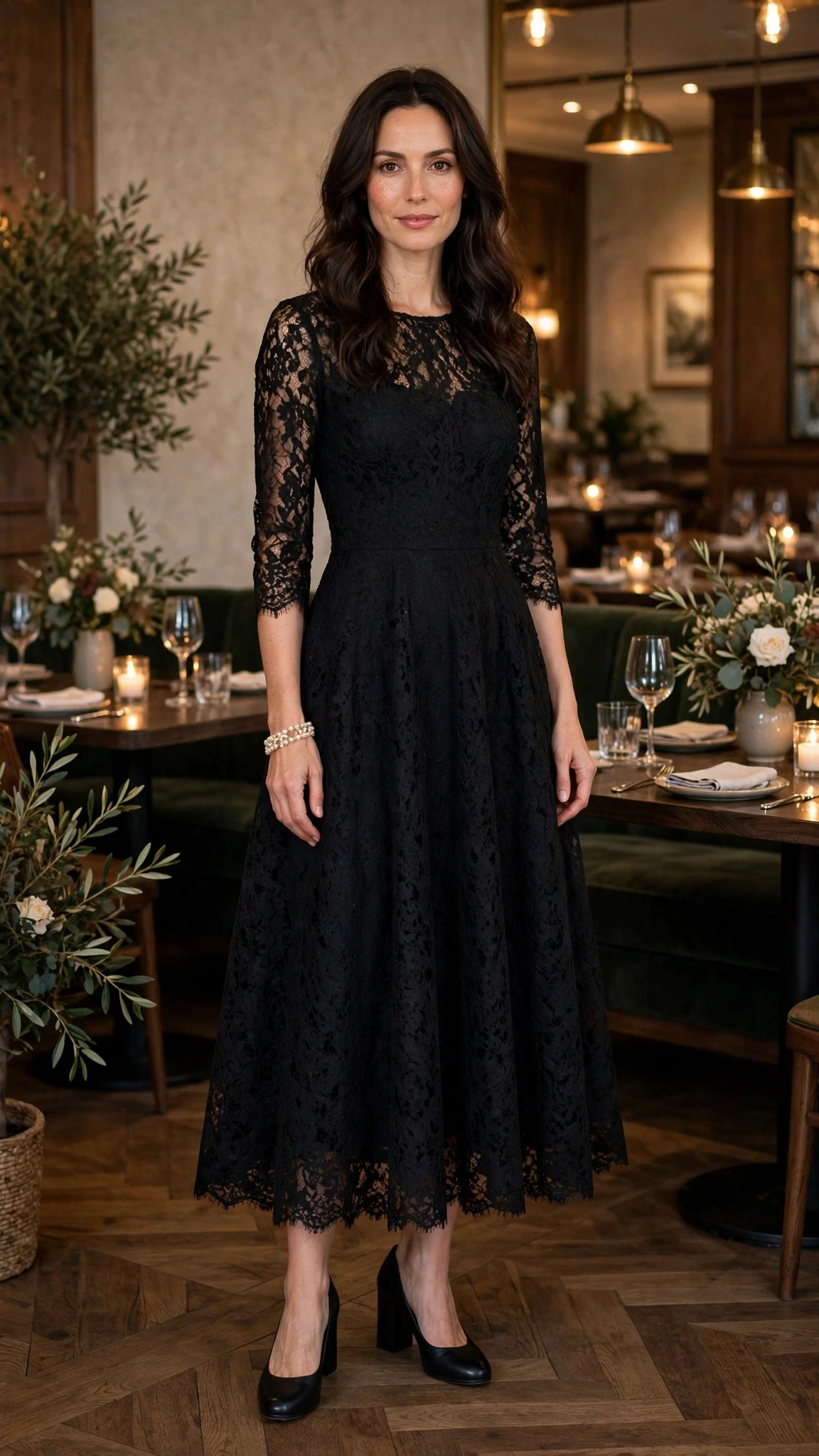 Jet black lace A-line dress with comfortable block heels and a pearl bracelet