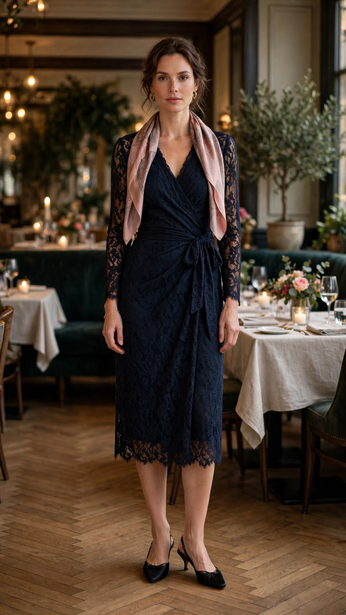 Midnight lace wrap dress with kitten heels and a silk scarf