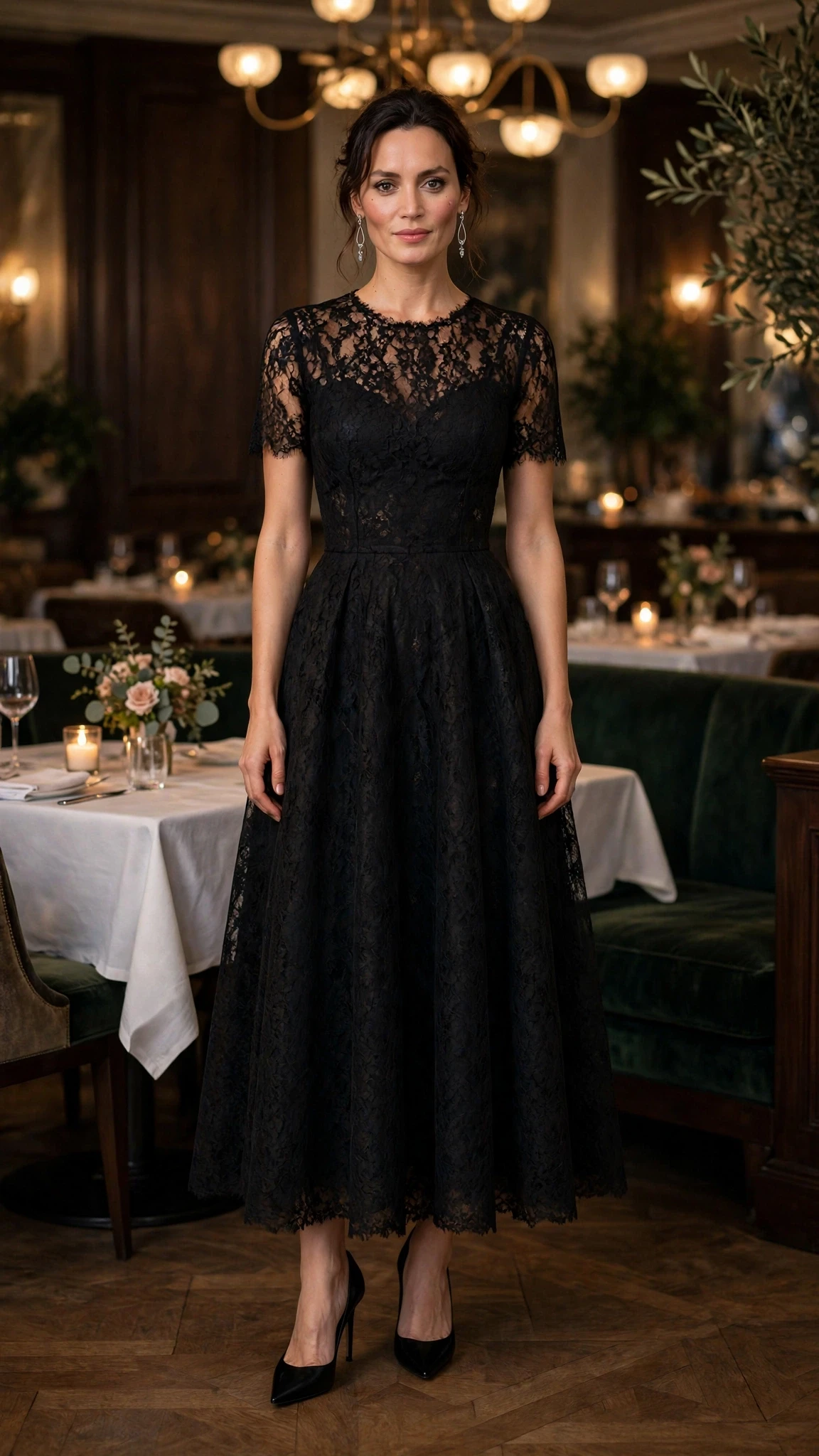 Black lace fit-and-flare dress with black pointed heels and silver drop earrings