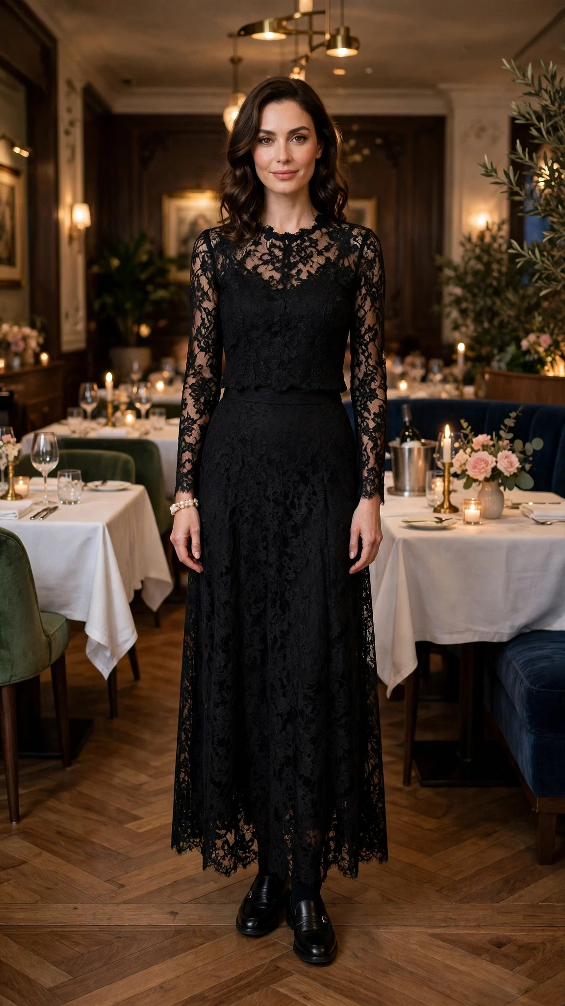 Jet black lace skirt outfit with smart loafers and a pearl bracelet