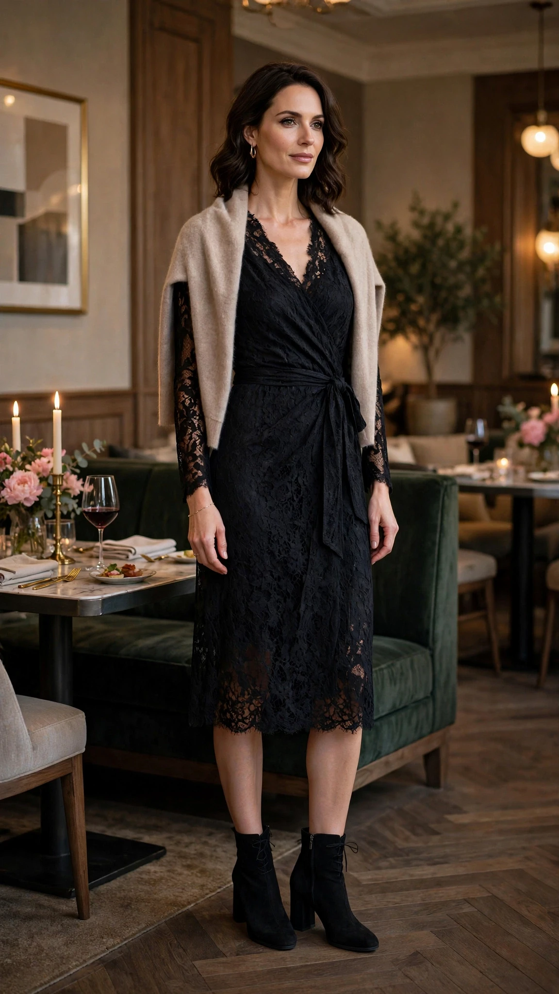 Jet black lace wrap dress with block-heel ankle boots and a cashmere wrap