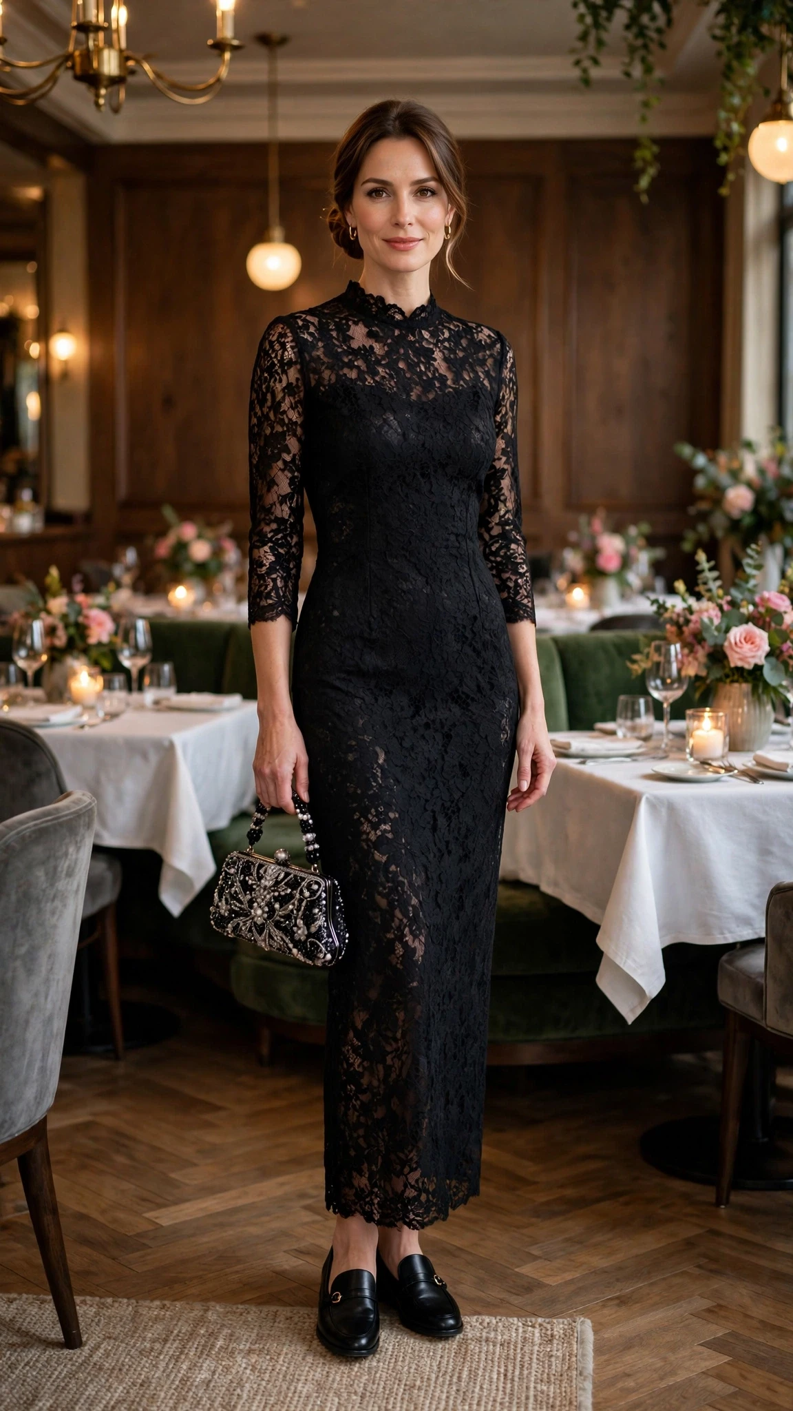 Jet black lace sheath dress with smart loafers and a beaded clutch