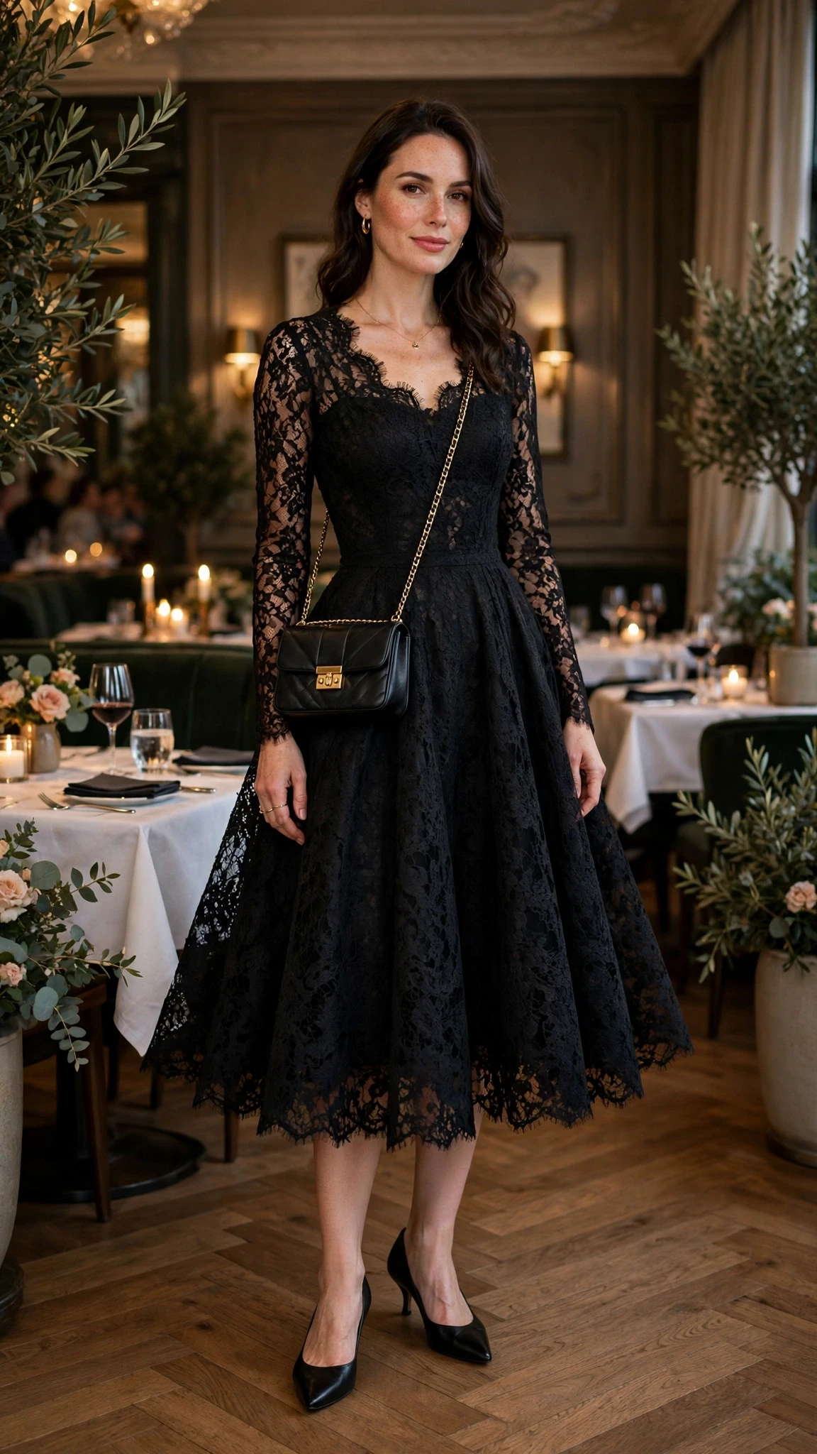 Jet black lace fit-and-flare dress with kitten heels and a chic crossbody bag