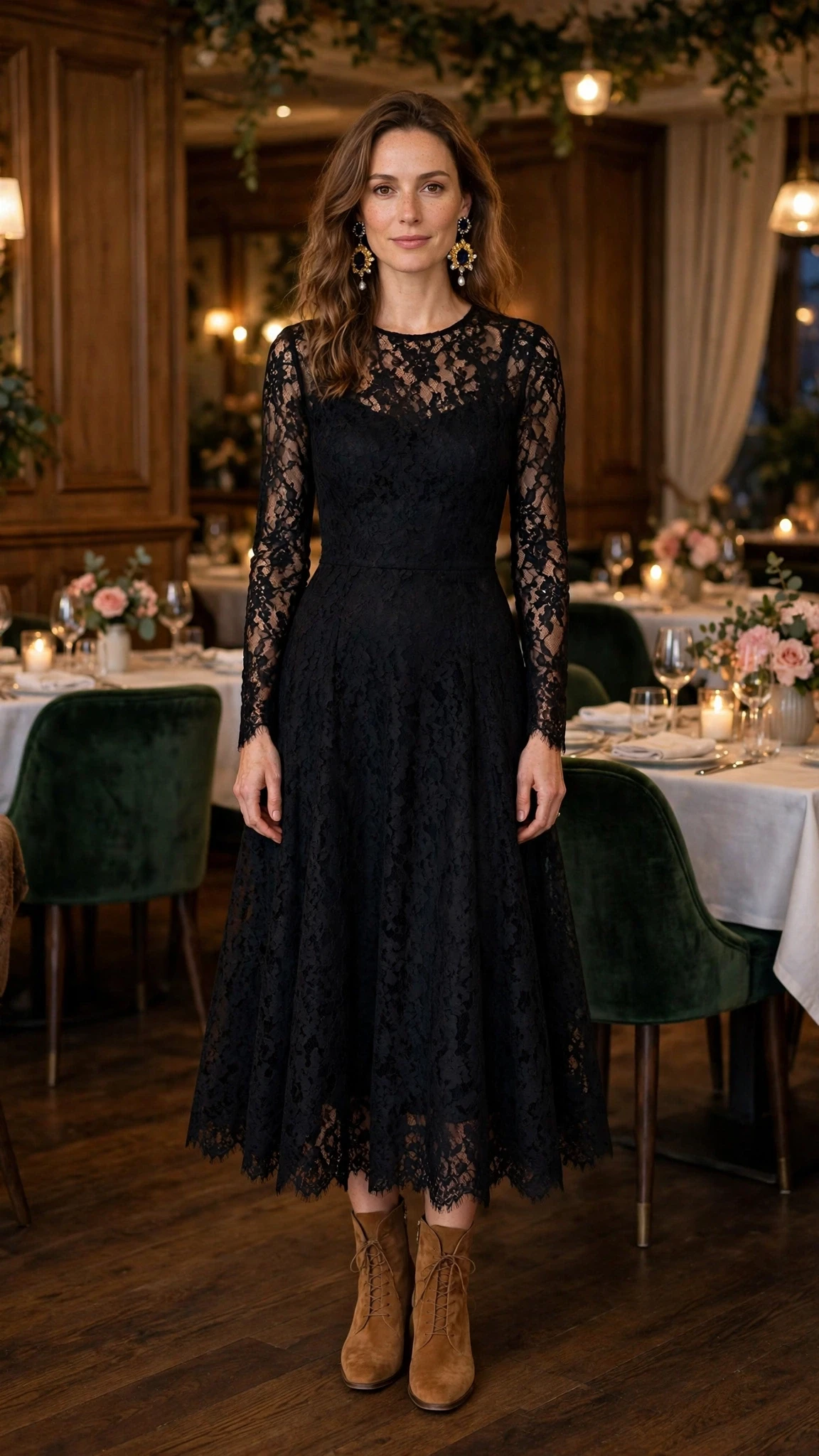 Midnight lace fit-and-flare dress with suede ankle boots and statement earrings