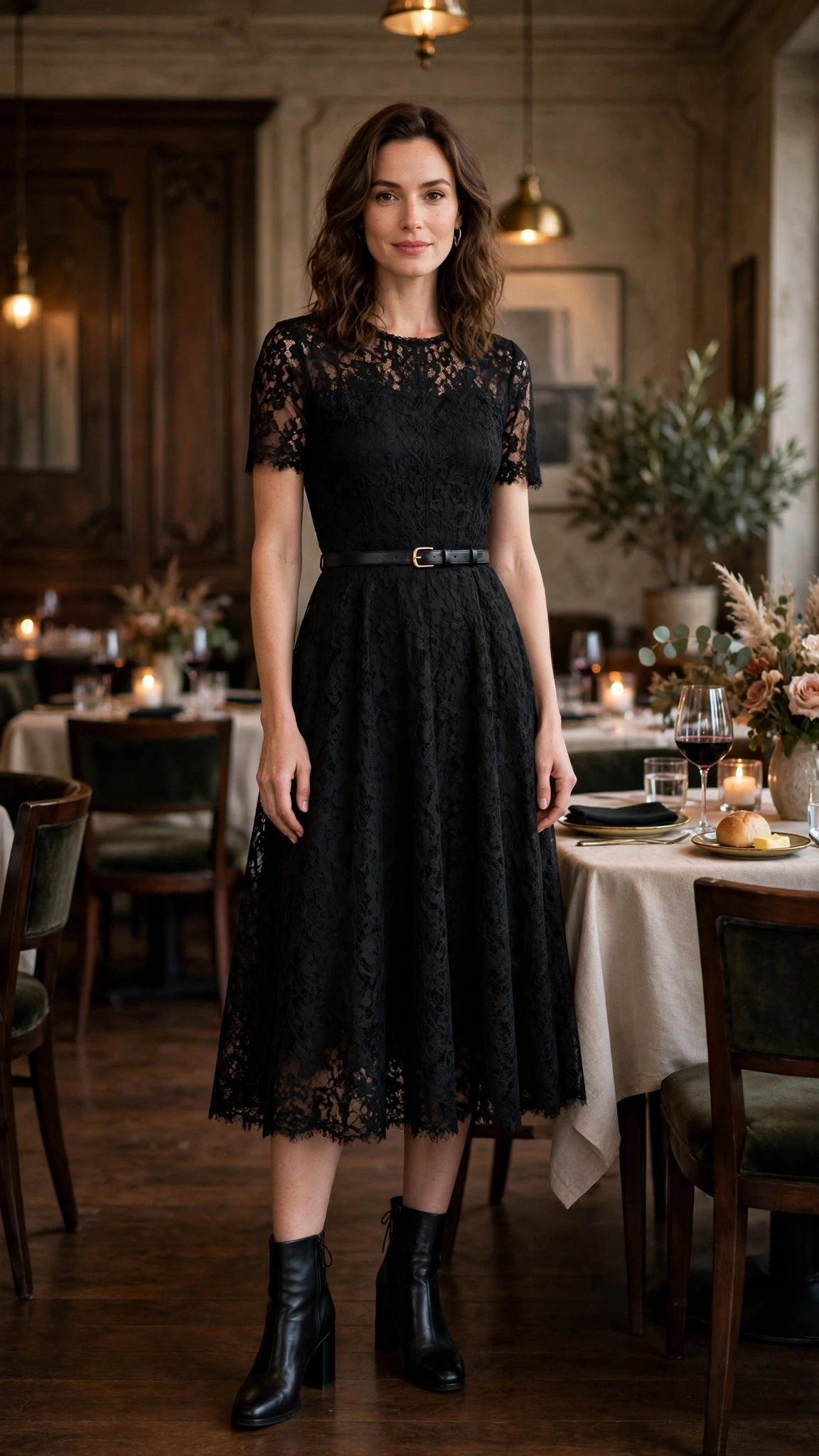 Jet black lace A-line dress with block-heel ankle boots and a slim leather belt