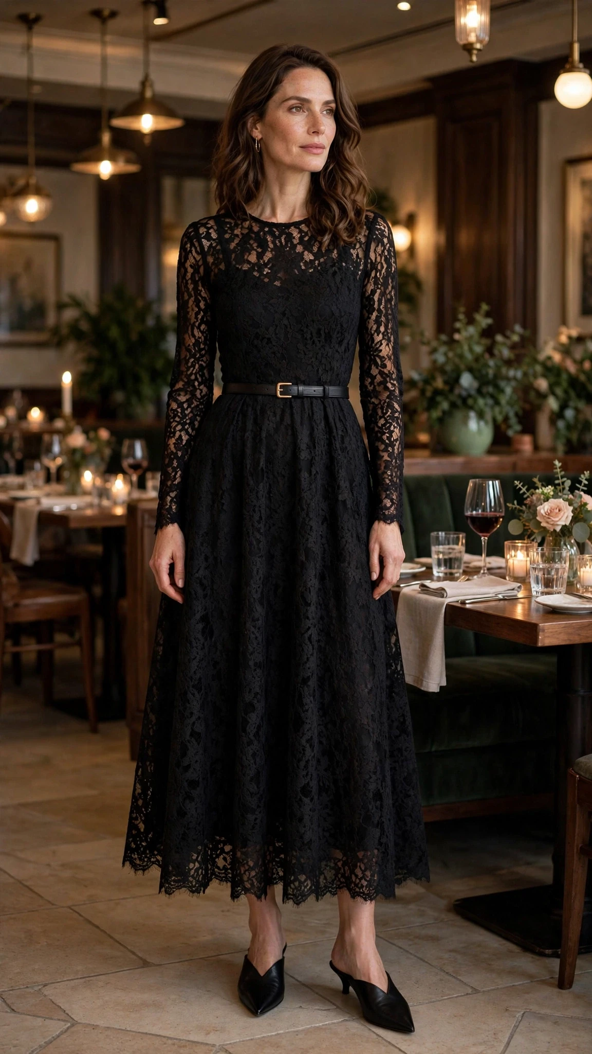 Black lace A-line dress with pointed mules and a slim leather belt