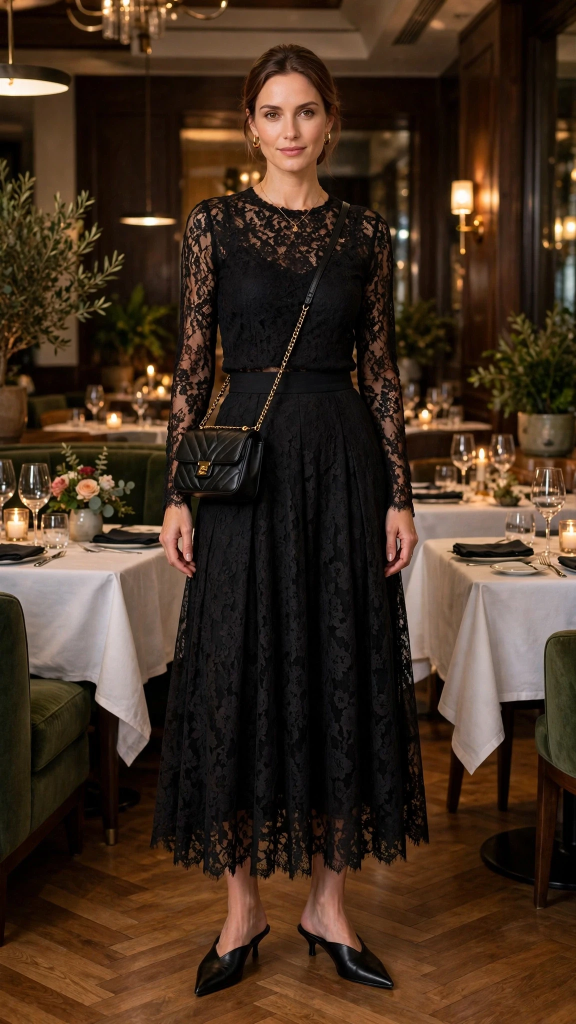 Midnight lace skirt outfit with pointed mules and a chic crossbody bag