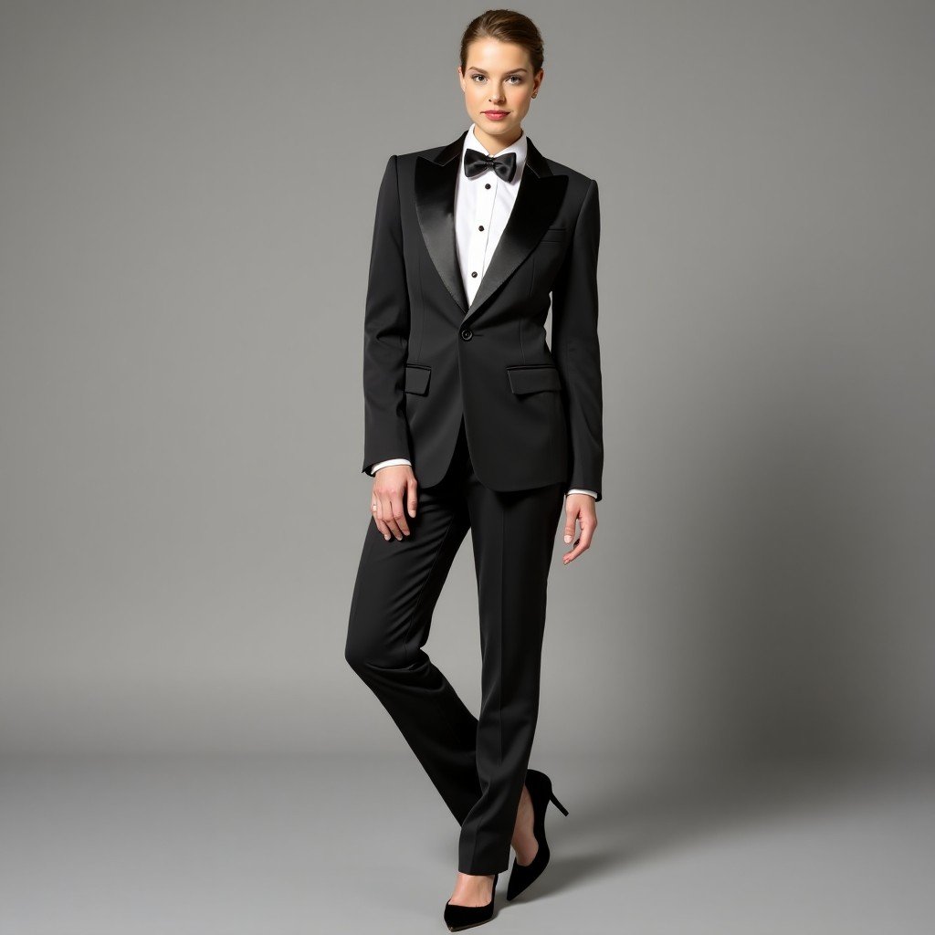 Black Tuxedo Suit with a Bow Tie and Full-Length Slim Trousers