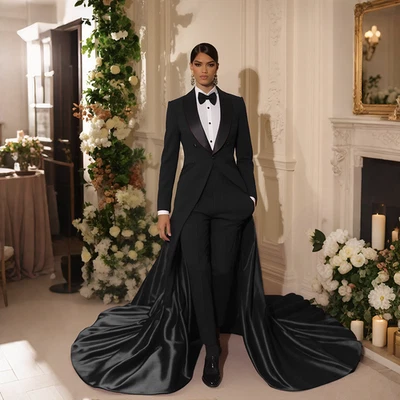 Black Tuxedo Suit with a Satin Train