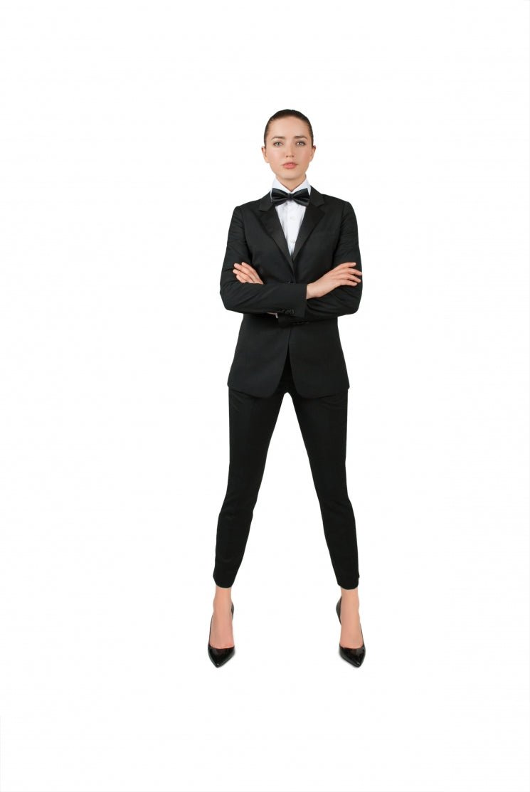 Black Tuxedo Suit with a Bow Tie and Ankle-Length Trousers