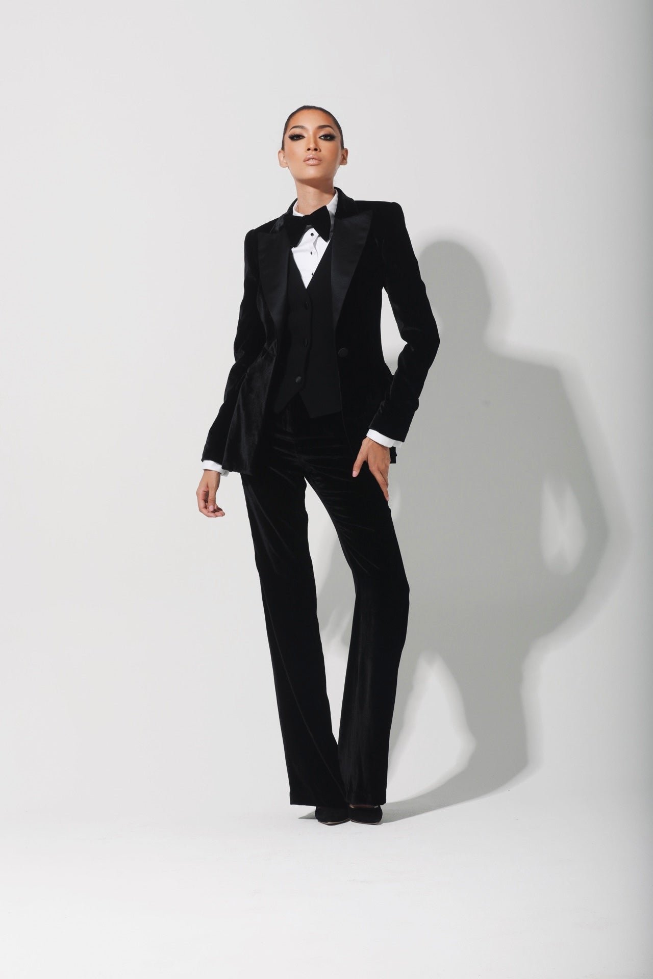 Black Velvet Three-Piece Tuxedo Suit with Flared Trousers