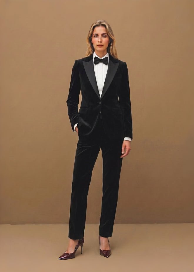 Black Velvet Tuxedo Suit with Burgundy Heels