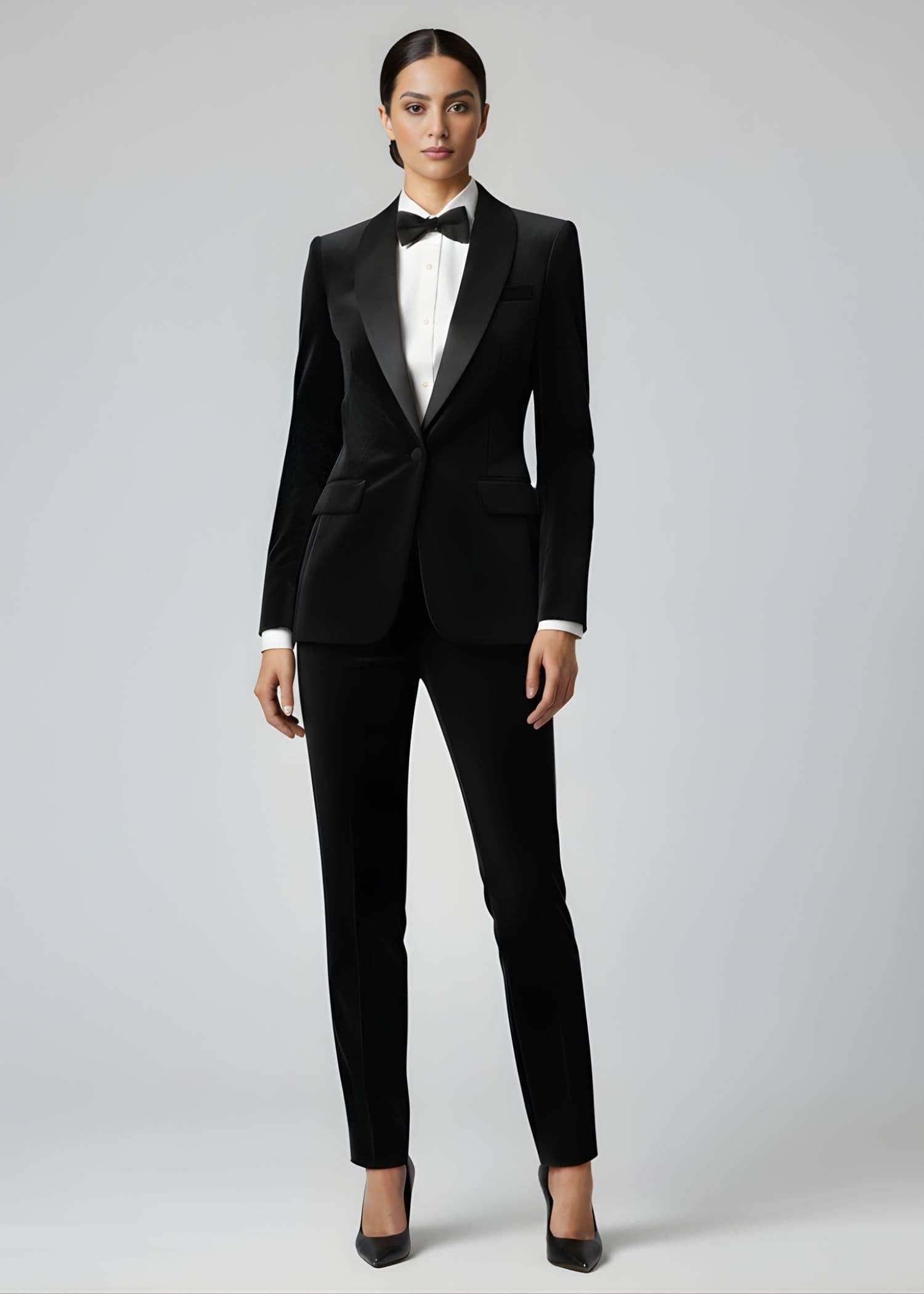 Black Tuxedo Suit with a Bow Tie and Tapered Trousers