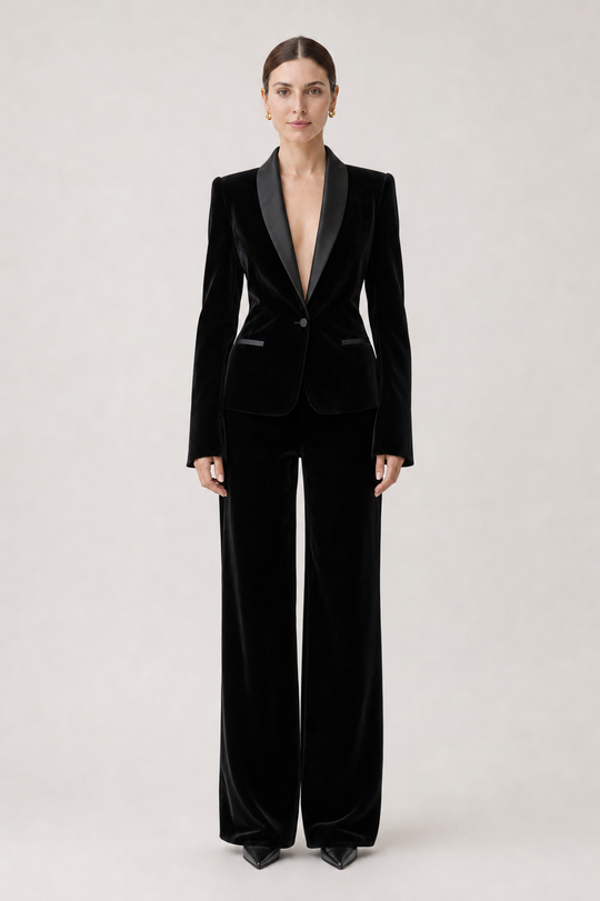 Black Velvet Tuxedo Suit with Wide-Leg Trousers