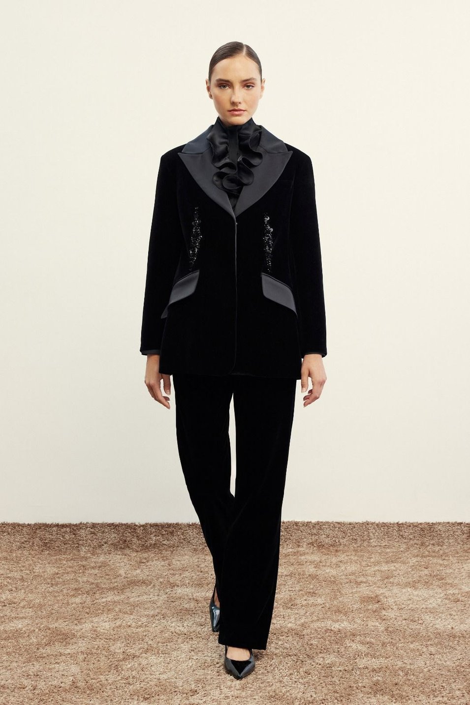 Black Velvet Tuxedo Suit with a Ruffle Blouse