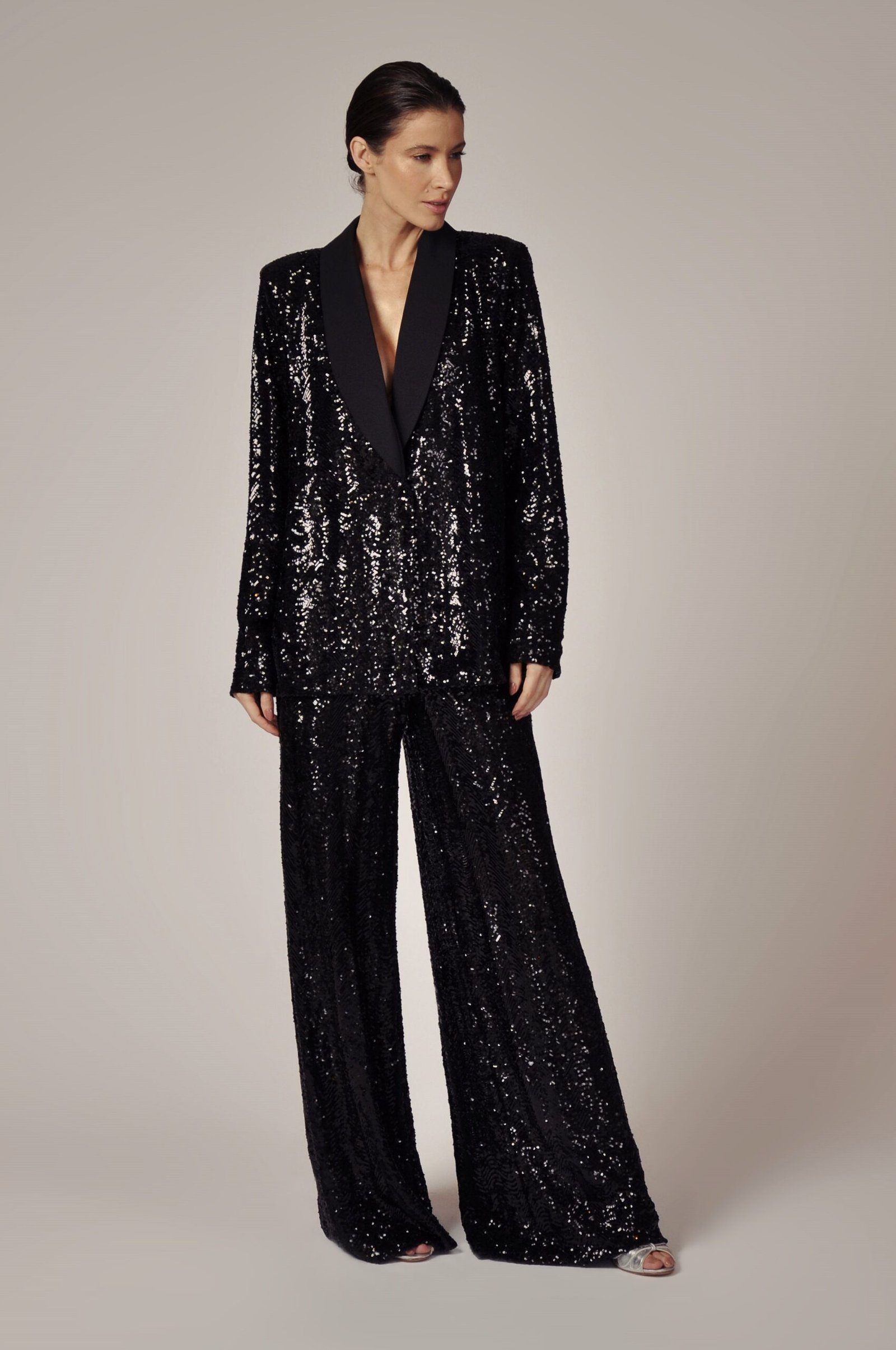 Black Sequin Tuxedo Suit with Wide-Leg Trousers