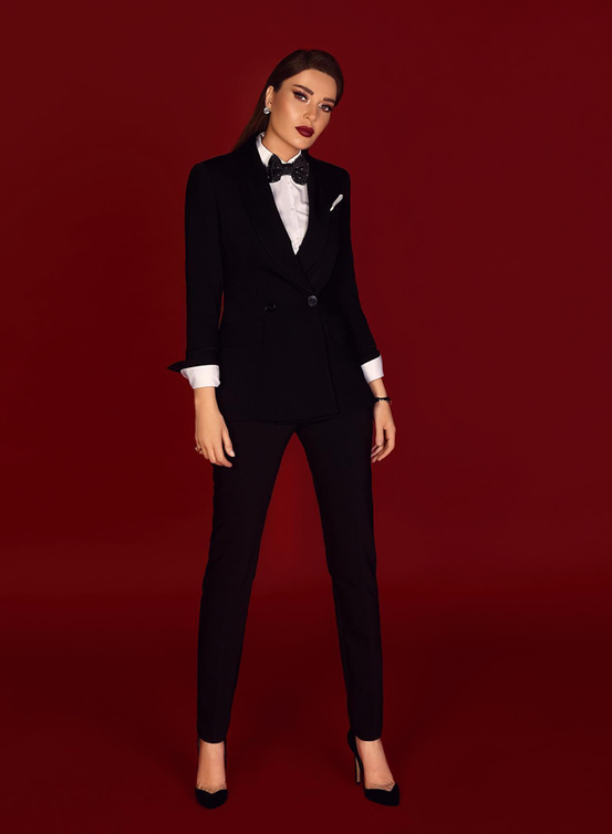 Black Tuxedo Suit with a Polka-Dot Bow Tie and a Pocket Square