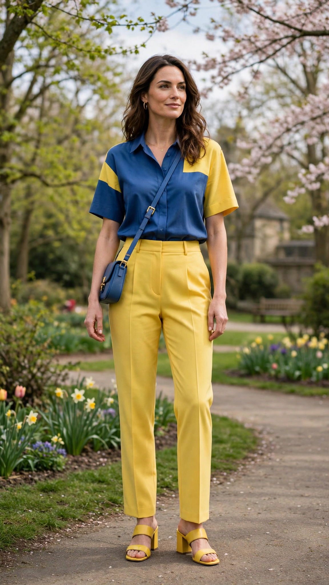 50 Blue and Yellow Colour Block Outfits for April Weekends That Are Fresh, Chic and Easy to Wear 2 Yellow and Blue Blue and Yellow Colour Block Outfit with yellow tailored trousers and block-heel sandals