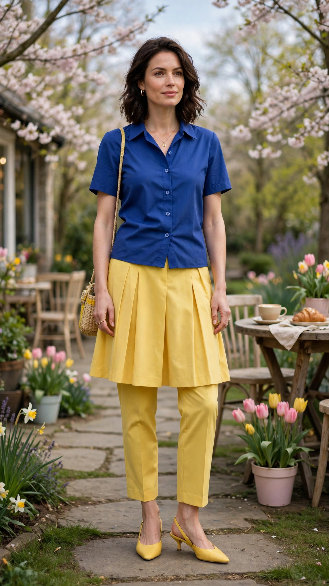 50 Blue and Yellow Colour Block Outfits for April Weekends That Are Fresh, Chic and Easy to Wear 3 Royal Blue and Sunshine Yellow Blue and Yellow Colour Block Outfit with a yellow A-line skirt and slingbacks