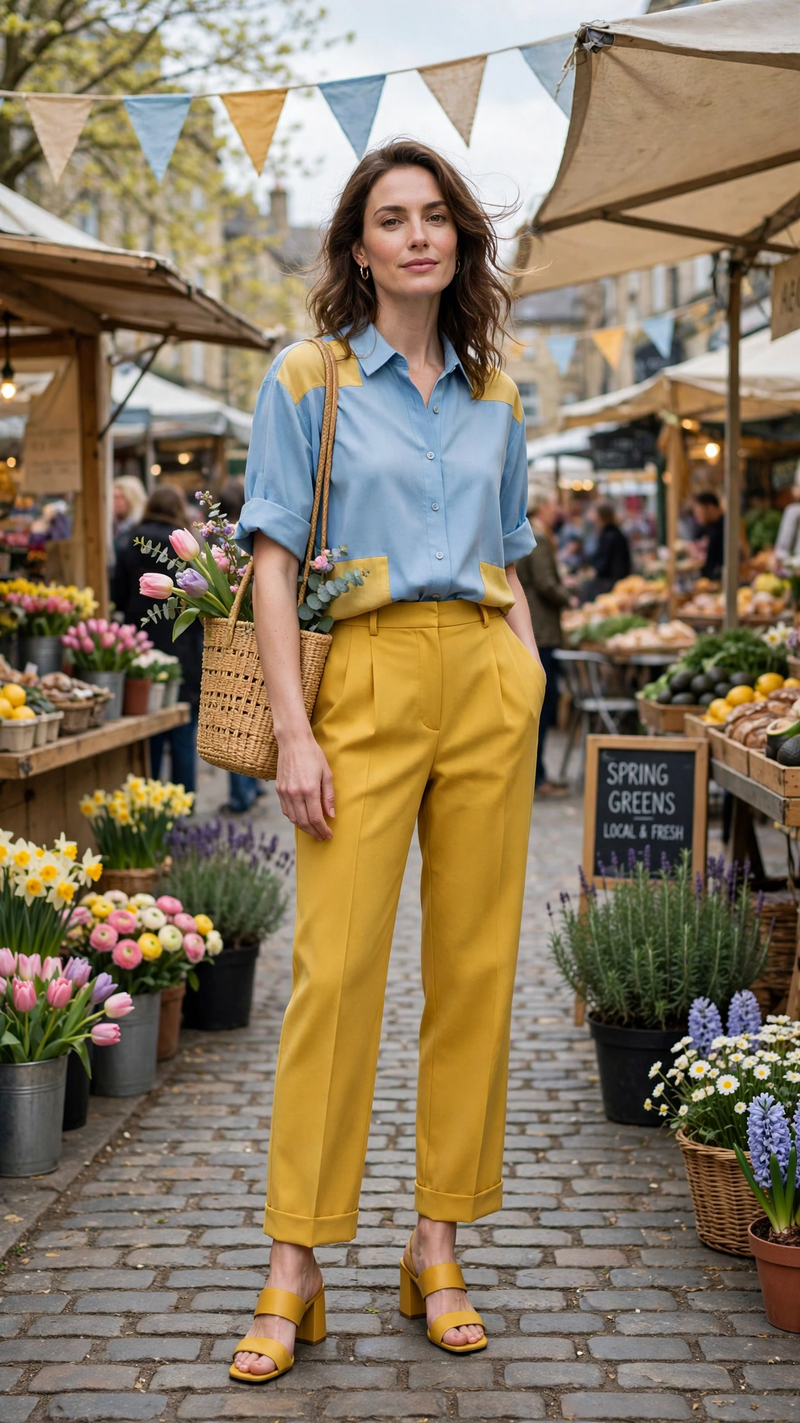 50 Blue and Yellow Colour Block Outfits for April Weekends That Are Fresh, Chic and Easy to Wear 5 Sky Blue and Mustard Blue and Yellow Colour Block Outfit with yellow tailored trousers and block-heel sandals