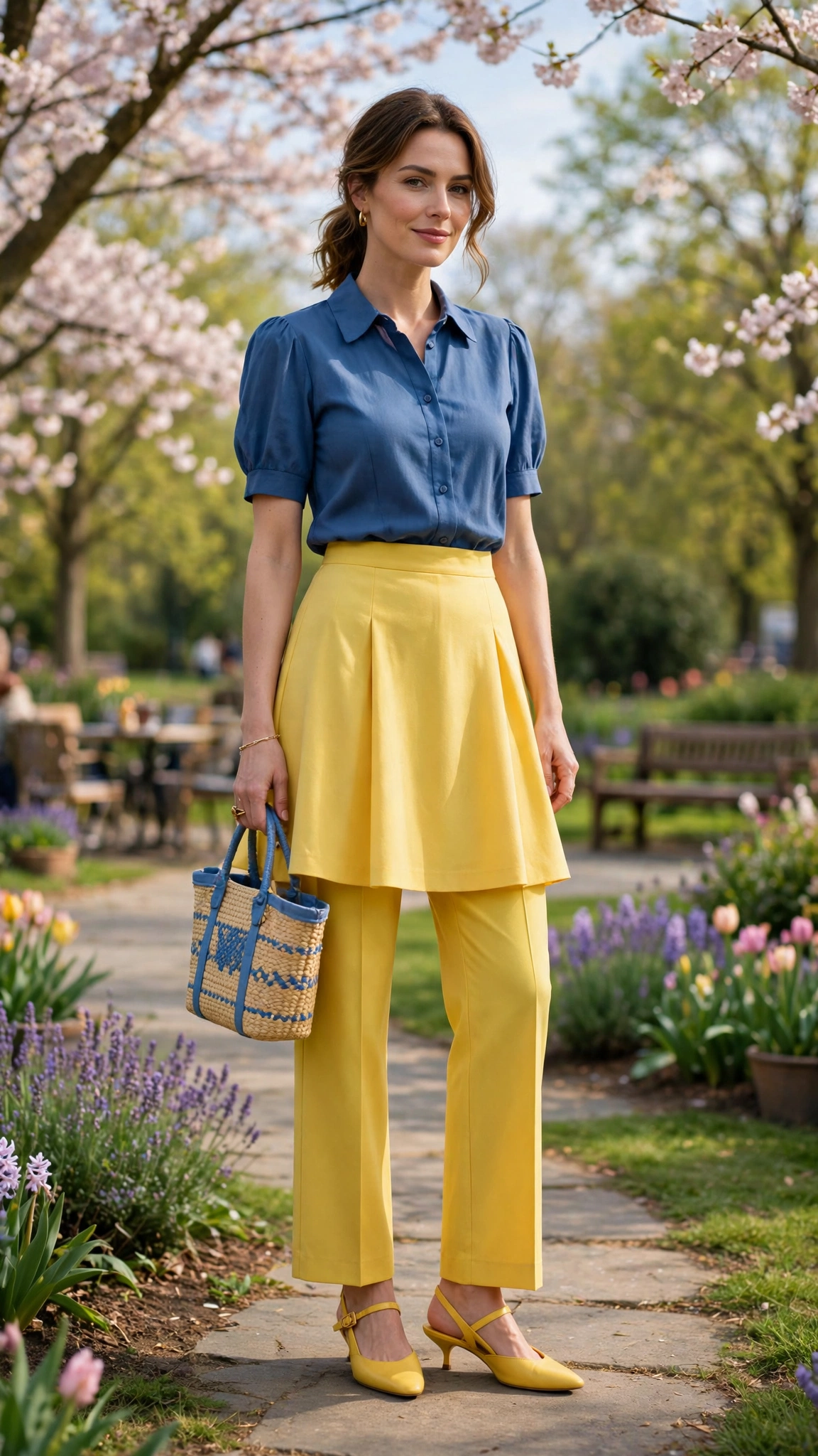 50 Blue and Yellow Colour Block Outfits for April Weekends That Are Fresh, Chic and Easy to Wear 6 Yellow and Blue Blue and Yellow Colour Block Outfit with a yellow A-line skirt and slingbacks