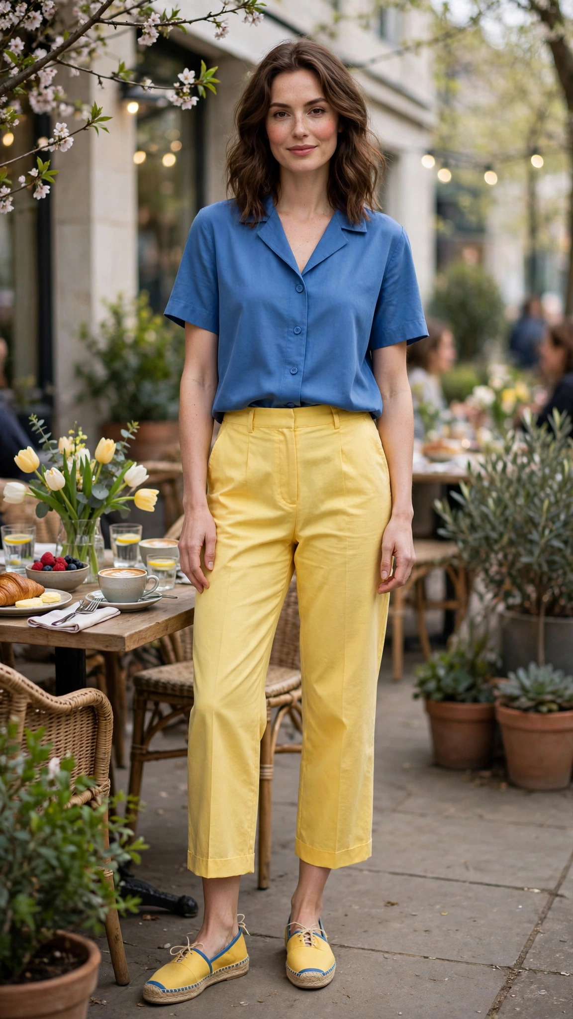 50 Blue and Yellow Colour Block Outfits for April Weekends That Are Fresh, Chic and Easy to Wear 9 Blue and Yellow Blue and Yellow Colour Block Outfit with yellow cropped trousers and espadrilles
