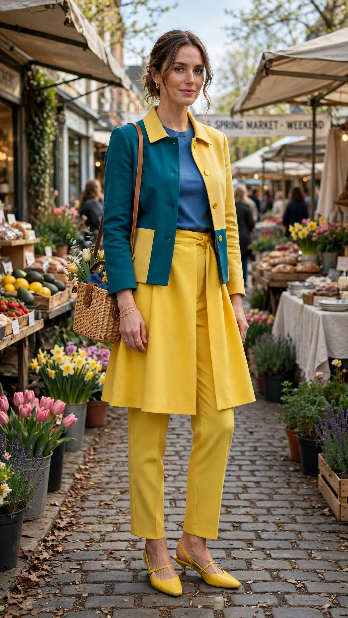 50 Blue and Yellow Colour Block Outfits for April Weekends That Are Fresh, Chic and Easy to Wear 10 Teal and Gold Yellow Blue and Yellow Colour Block Outfit with a yellow A-line skirt and slingbacks