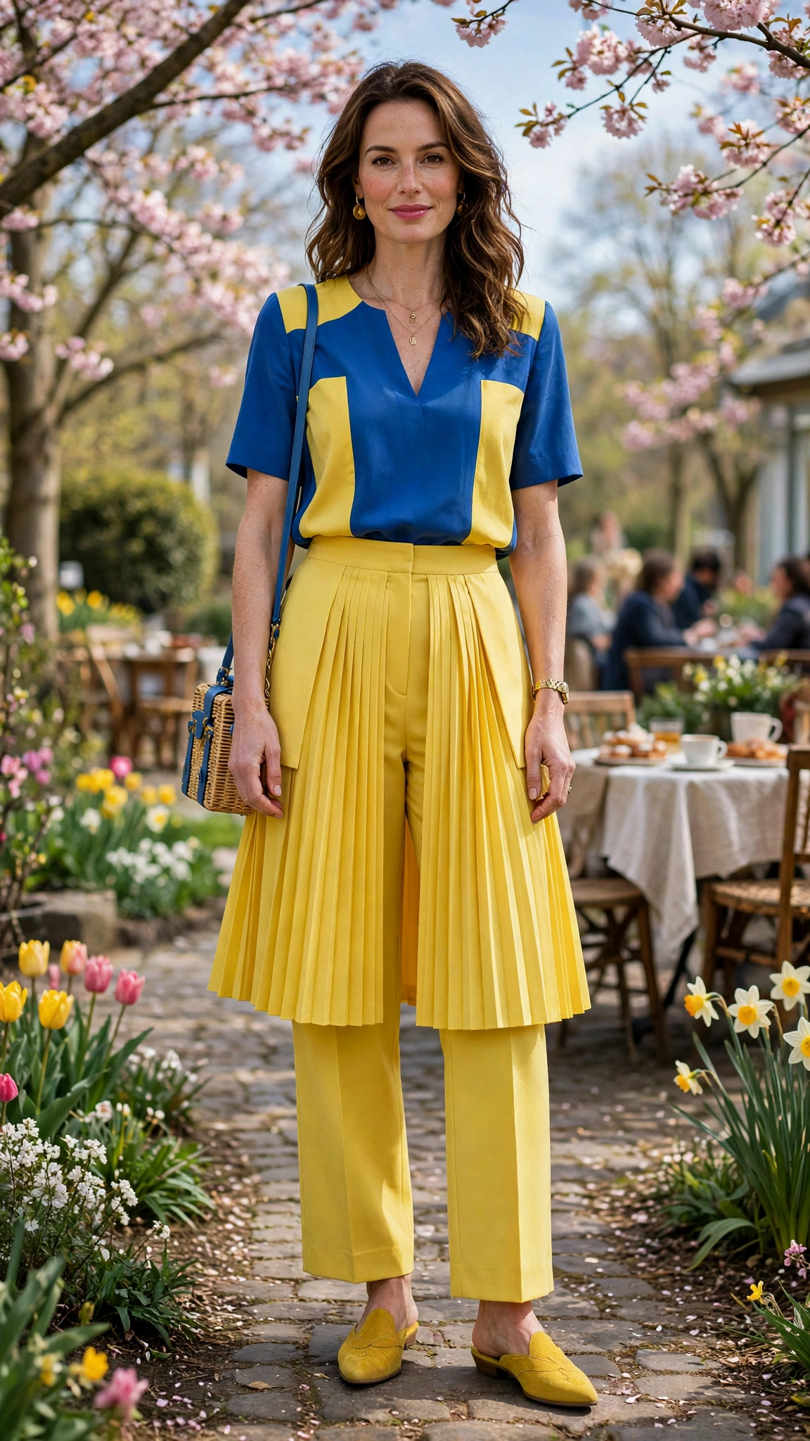 50 Blue and Yellow Colour Block Outfits for April Weekends That Are Fresh, Chic and Easy to Wear 11 Blue and Yellow Blue and Yellow Colour Block Outfit with a yellow pleated skirt and mules