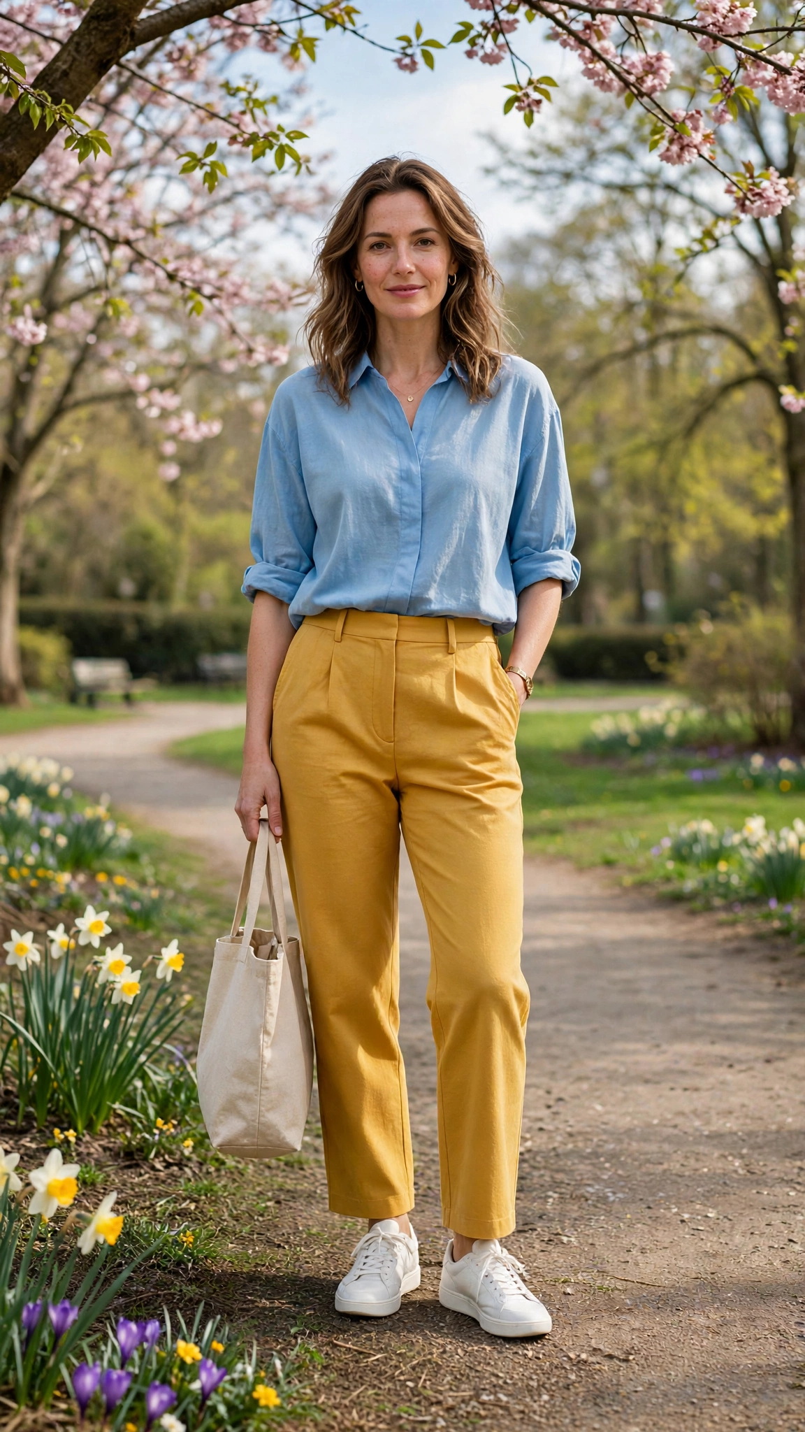 50 Blue and Yellow Colour Block Outfits for April Weekends That Are Fresh, Chic and Easy to Wear 12 Sky Blue and Mustard Blue and Yellow Colour Block Outfit with yellow trousers and white trainers