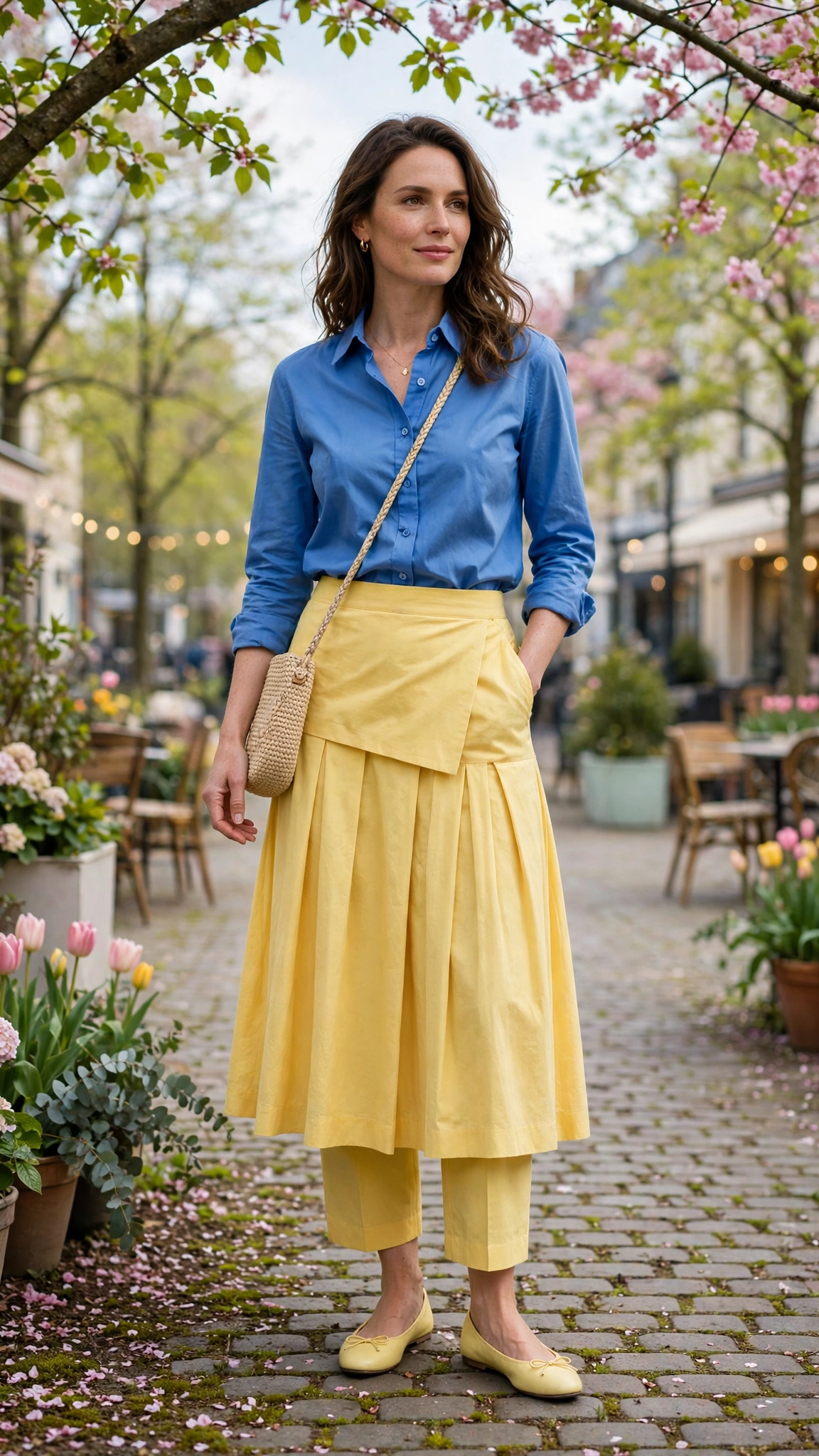 50 Blue and Yellow Colour Block Outfits for April Weekends That Are Fresh, Chic and Easy to Wear 13 Blue and Yellow Blue and Yellow Colour Block Outfit with a yellow midi skirt and ballet flats