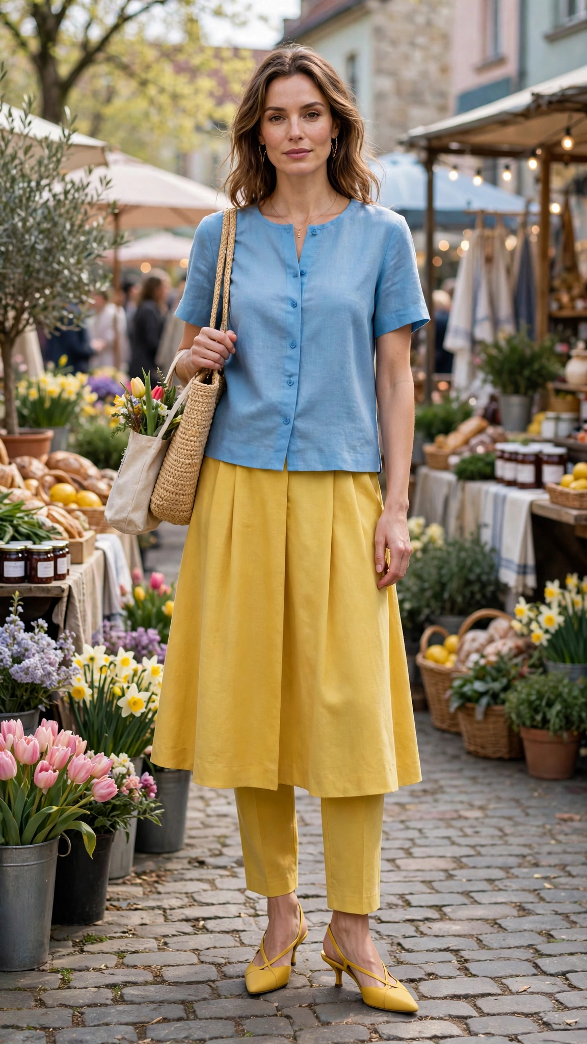 50 Blue and Yellow Colour Block Outfits for April Weekends That Are Fresh, Chic and Easy to Wear 15 Sky Blue and Mustard Blue and Yellow Colour Block Outfit with a yellow A-line skirt and slingbacks